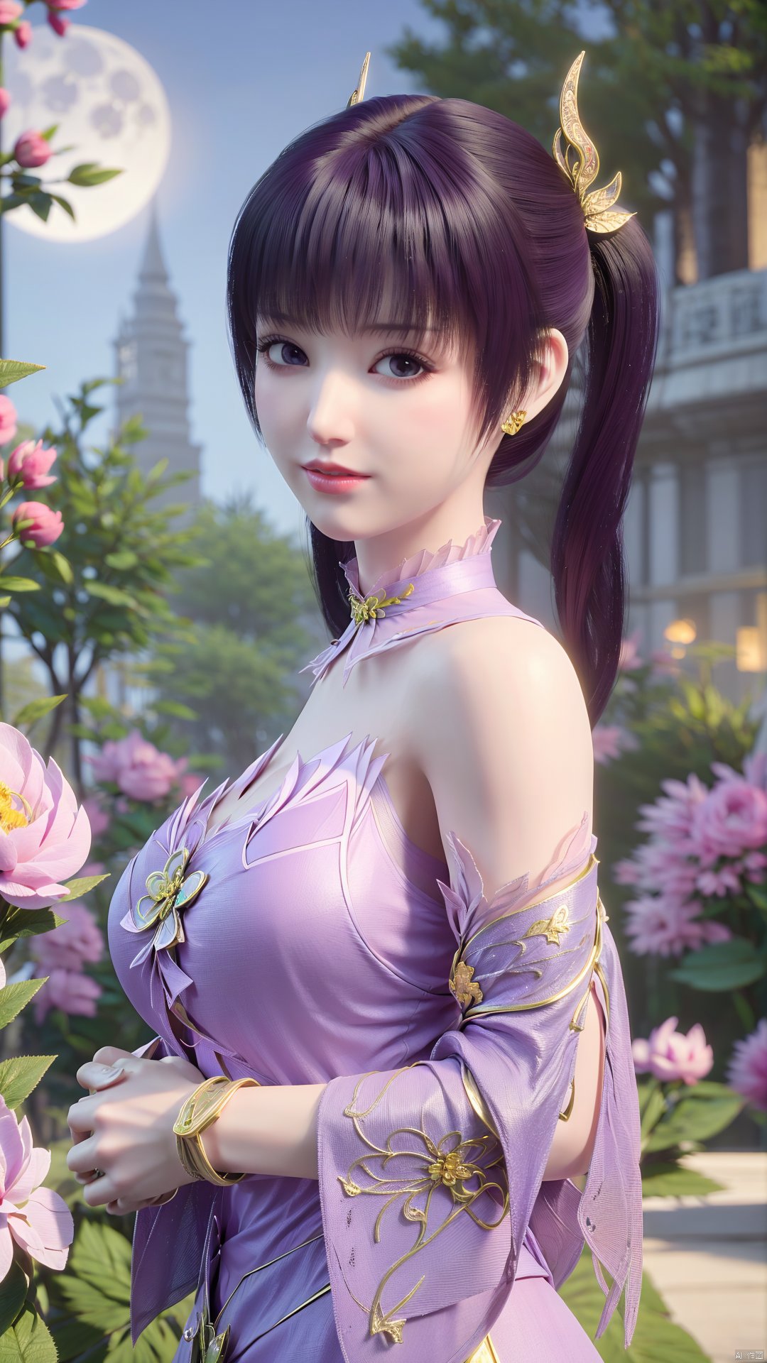 (best quality,masterpiece),Yunxiao_Fairy,1girl,solo,long hair,looking at viewer,jewelry,closed mouth,purple eyes,upper body,purple hair,earrings,blurry,blurry background,sunlight,red lips,(big breasts:1.39),(Peony,full moon:1.49),Xtanghuoer,Xziyan