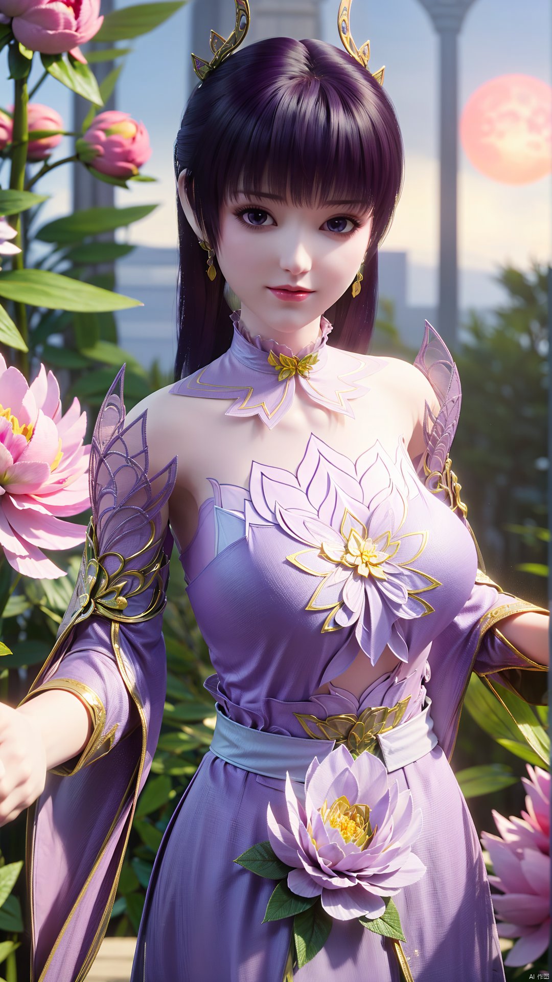 (best quality,masterpiece),Yunxiao_Fairy,1girl,solo,long hair,looking at viewer,jewelry,closed mouth,purple eyes,upper body,purple hair,earrings,blurry,blurry background,sunlight,red lips,(big breasts:1.59),(Peony,full moon:1.49),Xtanghuoer,Xziyan