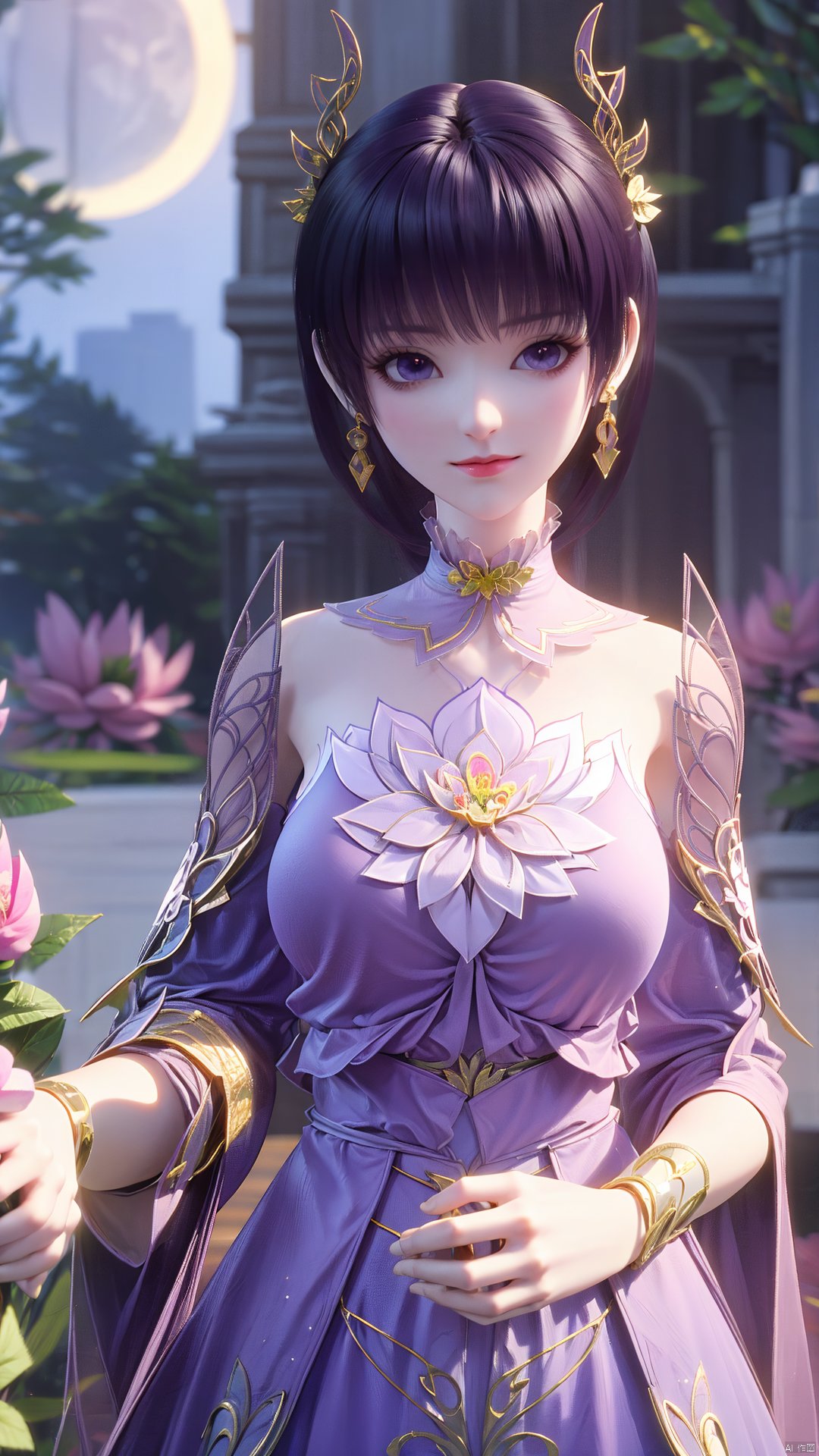 (best quality,masterpiece),Yunxiao_Fairy,1girl,solo,long hair,looking at viewer,jewelry,closed mouth,purple eyes,upper body,purple hair,earrings,blurry,blurry background,sunlight,red lips,(big breasts:1.39),(Peony,full moon:1.49),Xtanghuoer,Xziyan