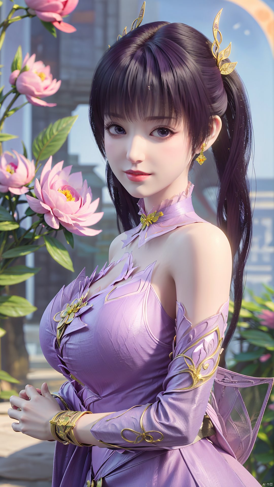 (best quality,masterpiece),Yunxiao_Fairy,1girl,solo,long hair,looking at viewer,jewelry,closed mouth,purple eyes,upper body,purple hair,earrings,blurry,blurry background,sunlight,red lips,(big breasts:1.59),(Peony,full moon:1.49),Xtanghuoer,Xziyan