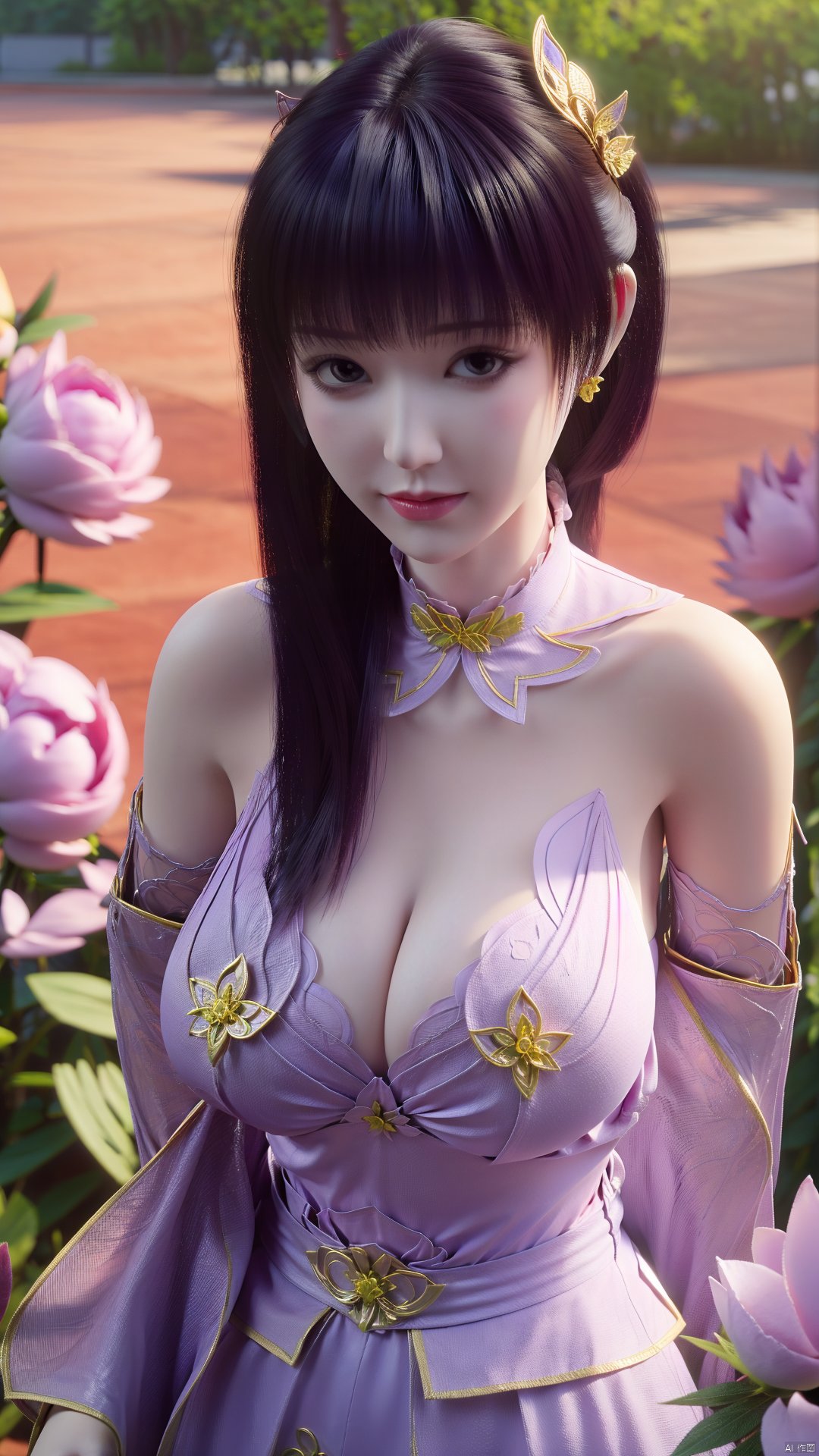 (best quality,masterpiece),Yunxiao_Fairy,1girl,solo,long hair,looking at viewer,jewelry,closed mouth,purple eyes,upper body,purple hair,earrings,blurry,blurry background,sunlight,red lips,(big breasts:1.59),(Peony,full moon:1.49),Xtanghuoer,Xziyan