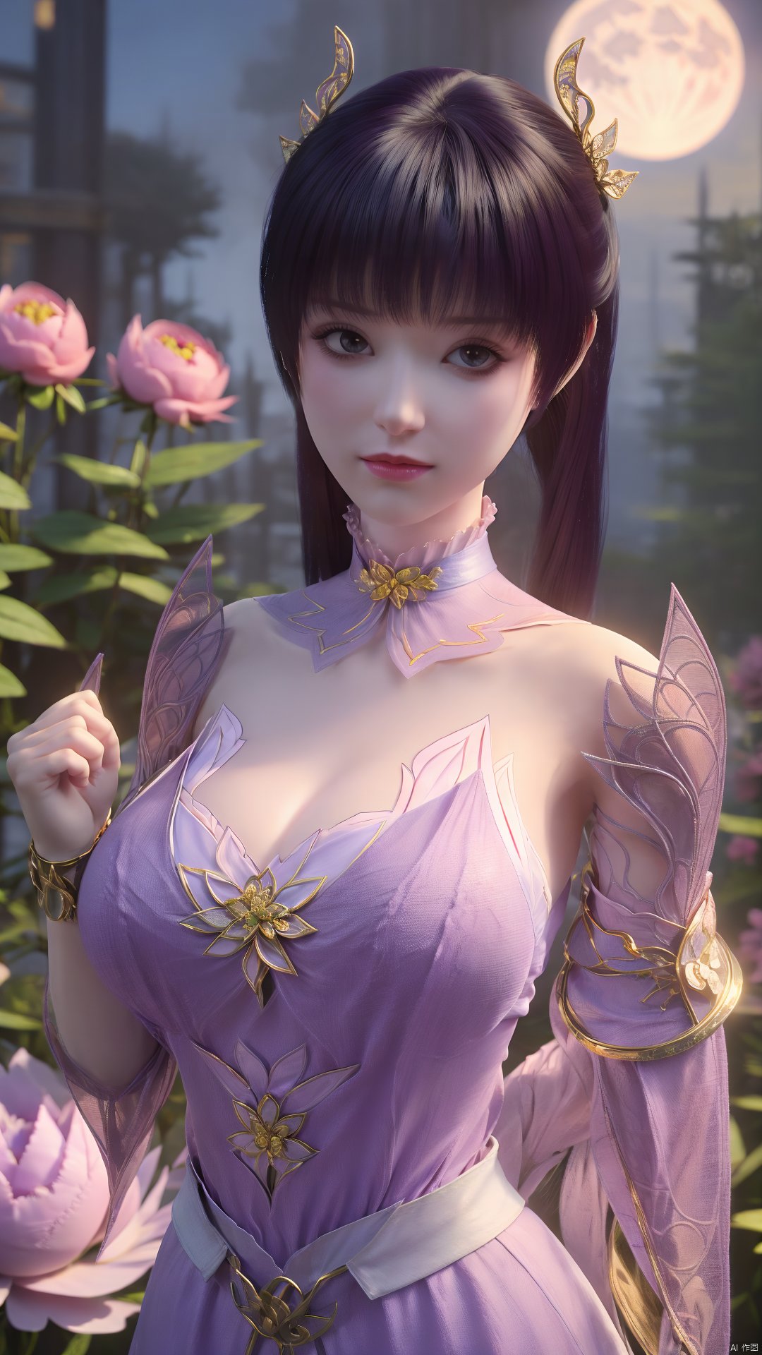 (best quality,masterpiece),Yunxiao_Fairy,1girl,solo,long hair,looking at viewer,jewelry,closed mouth,purple eyes,upper body,purple hair,earrings,blurry,blurry background,sunlight,red lips,(big breasts:1.59),(Peony,full moon:1.49),Xtanghuoer,Xziyan