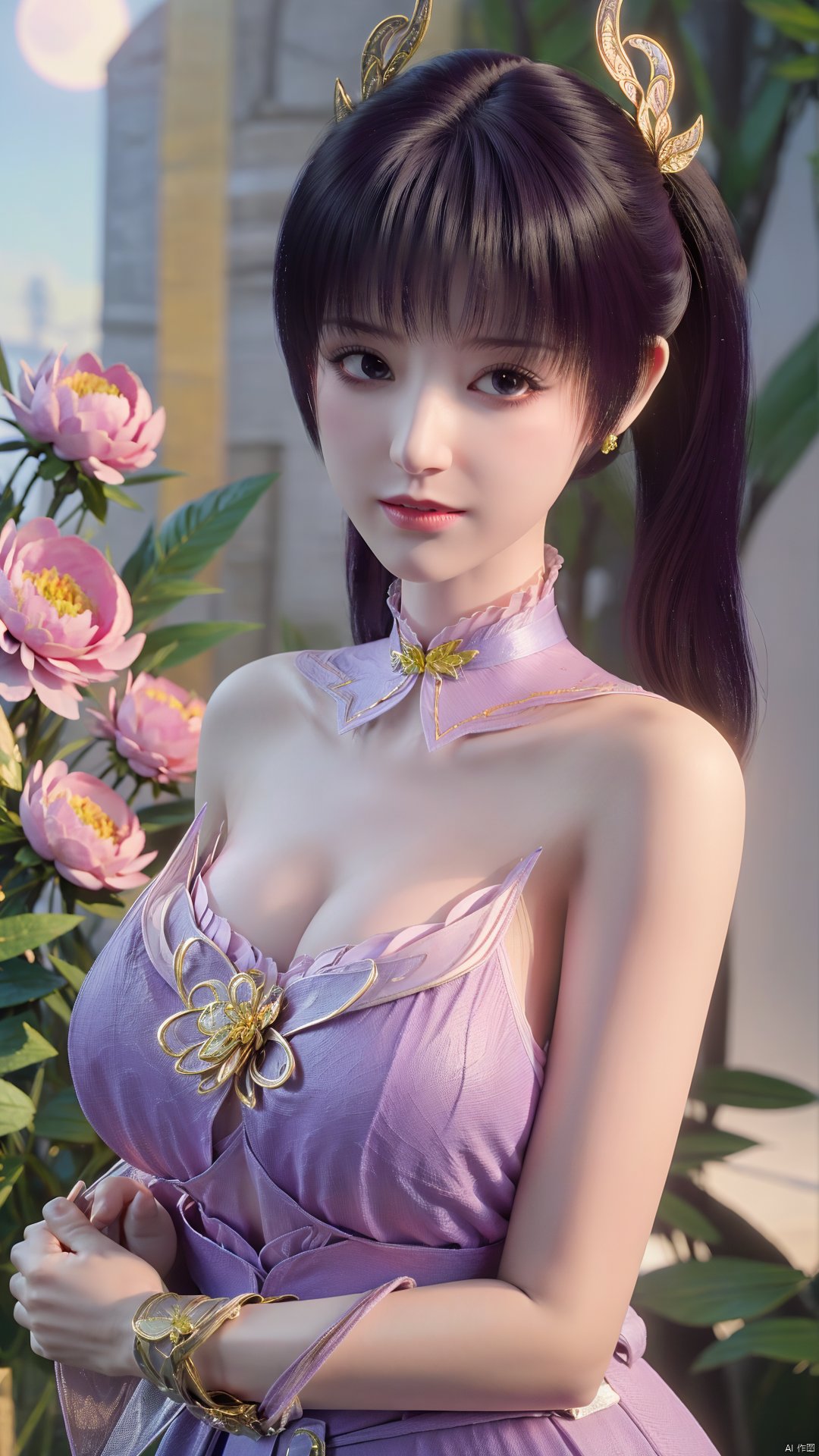 (best quality,masterpiece),Yunxiao_Fairy,1girl,solo,long hair,looking at viewer,jewelry,closed mouth,purple eyes,upper body,purple hair,earrings,blurry,blurry background,sunlight,red lips,(big breasts:1.59),(Peony,full moon:1.49),Xtanghuoer,Xziyan