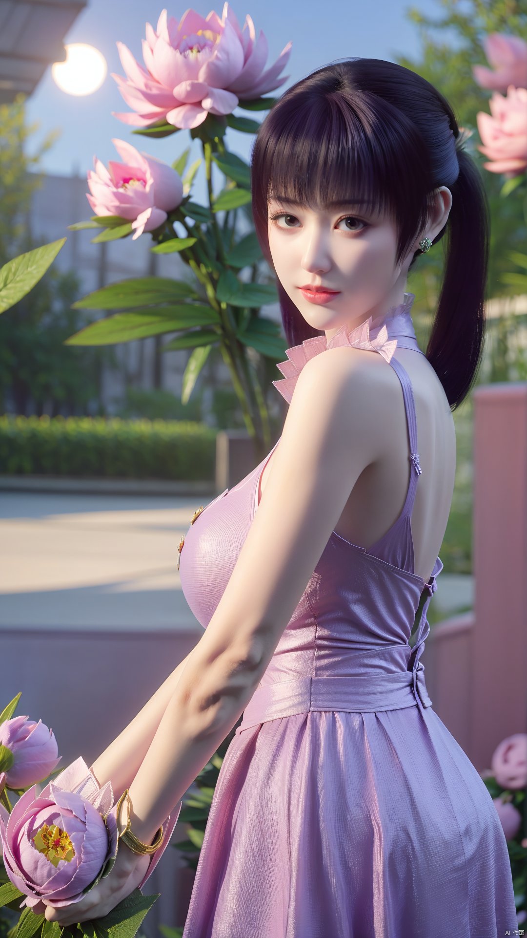 (best quality,masterpiece),Yunxiao_Fairy,1girl,solo,long hair,looking at viewer,jewelry,closed mouth,purple eyes,upper body,purple hair,earrings,blurry,blurry background,sunlight,red lips,(big breasts:1.59),(Peony,full moon:1.49),Xtanghuoer,Xziyan