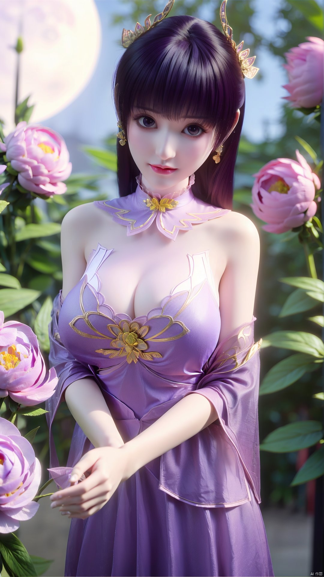 (best quality,masterpiece),Yunxiao_Fairy,1girl,solo,long hair,looking at viewer,jewelry,closed mouth,purple eyes,upper body,purple hair,earrings,blurry,blurry background,sunlight,red lips,(big breasts:1.59),(Peony,full moon:1.49),Xtanghuoer,Xziyan