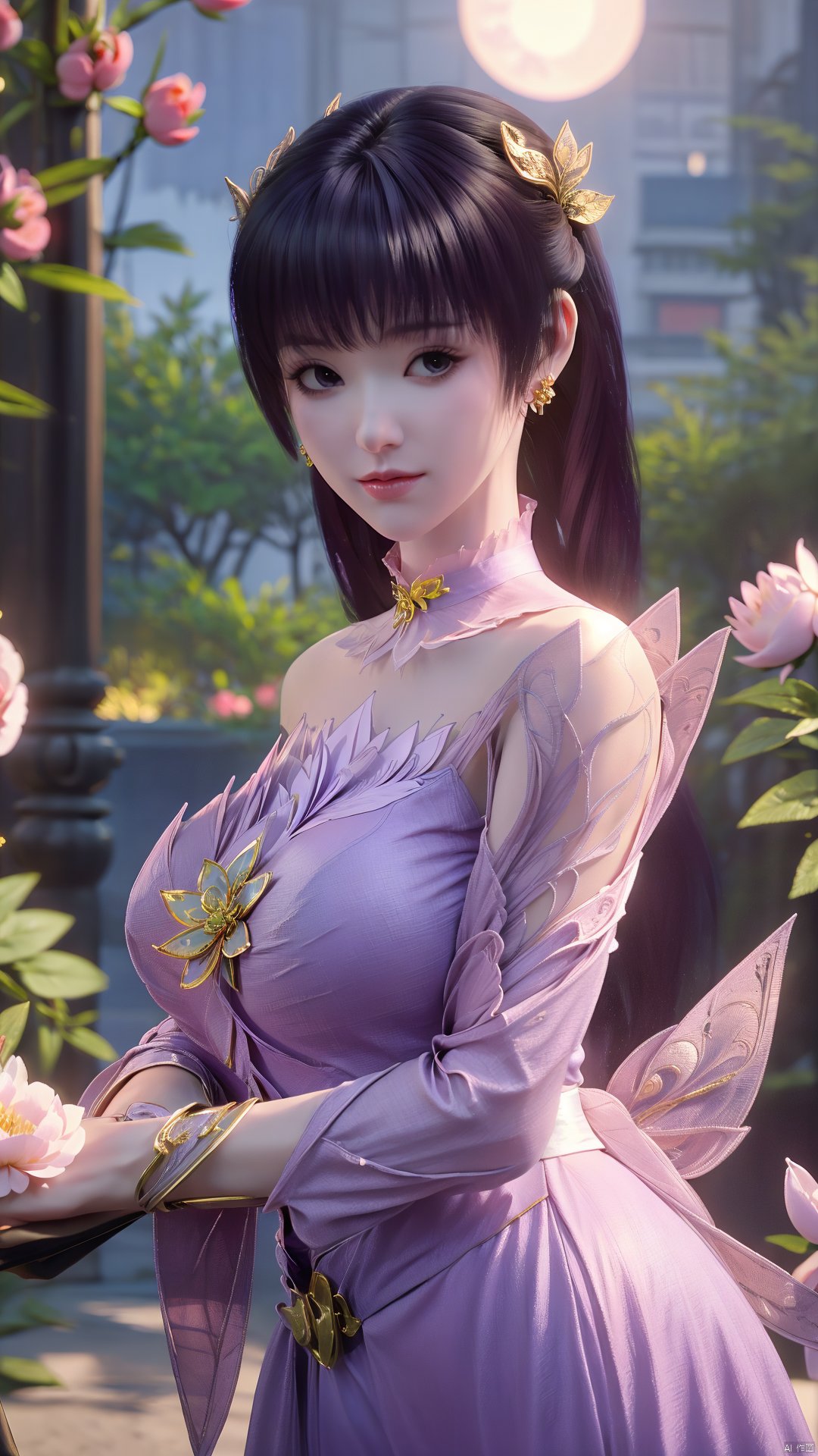 (best quality,masterpiece),Yunxiao_Fairy,1girl,solo,long hair,looking at viewer,jewelry,closed mouth,purple eyes,upper body,purple hair,earrings,blurry,blurry background,sunlight,red lips,(big breasts:1.59),(Peony,full moon:1.49),Xtanghuoer,Xziyan