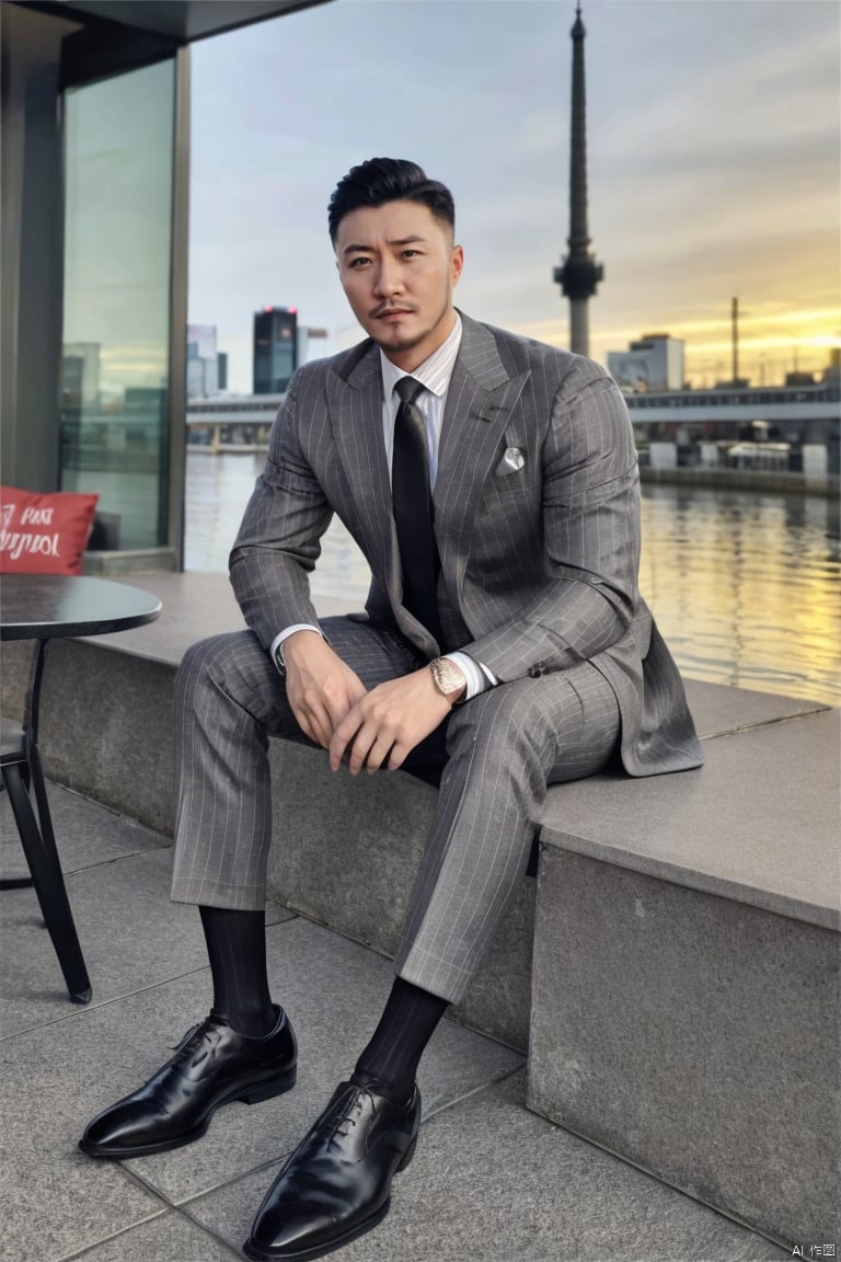 jzns,hzbz,1man,Asian,solo,male focus,exquisite facial features,handsome,charming,shirt,necktie,grey striped formal,grey striped pants,sitting,black patterned socks,full body,looking at viewer,blurry,sunset,outdoors,city,river,cafe,Tyndall Effect,(masterpiece,realistic,best quality,highly detailed),