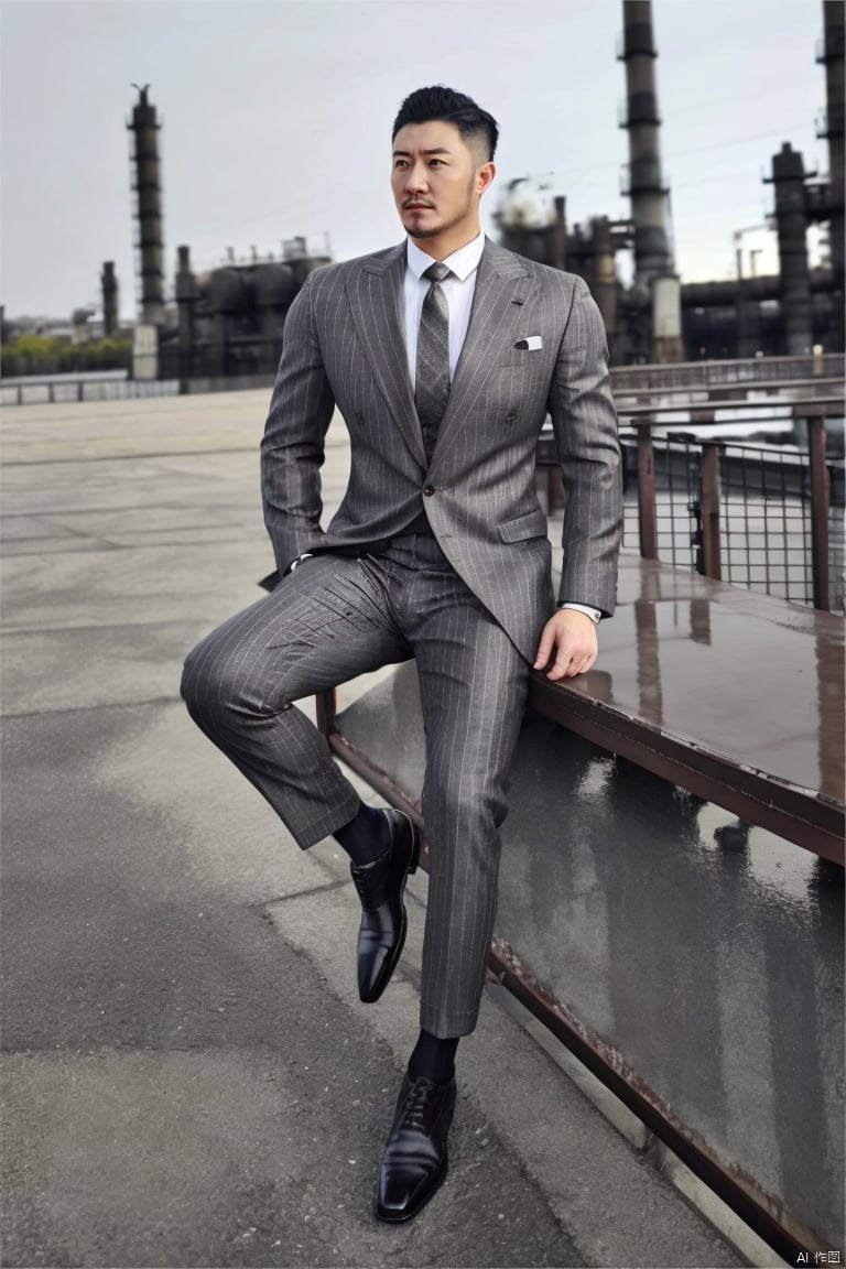 jzns,hzbz,1man,Asian,solo,male focus,exquisite facial features,handsome,charming,shirt,necktie,grey striped formal,grey striped pants,black patterned socks,full body,looking at viewer,blurry,factory,(masterpiece,realistic,best quality,highly detailed),