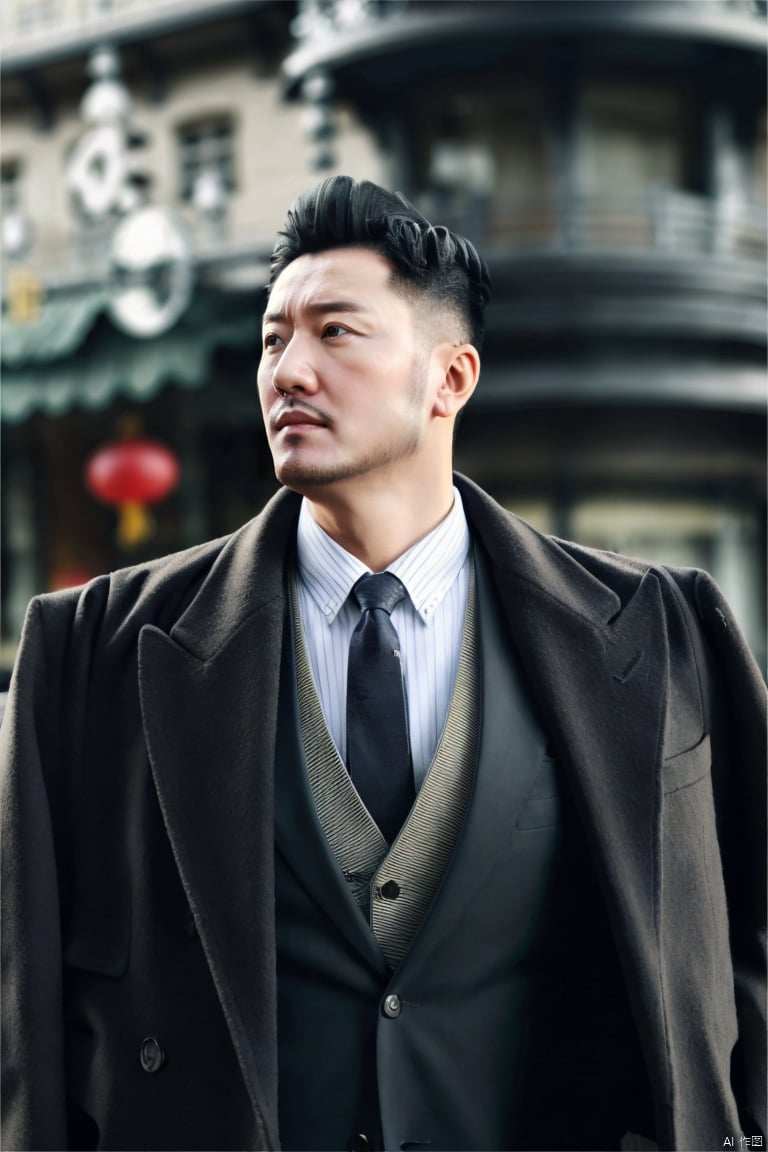 jzns,hzbz,1man,solo,asian,handsome,realistic,male focus, necktie, blurry, white shirt, vest, outdoors, facial hair, black coat,bust, looking to the side,Tyndall Effect,(masterpiece,realistic,best quality,highly detailed),