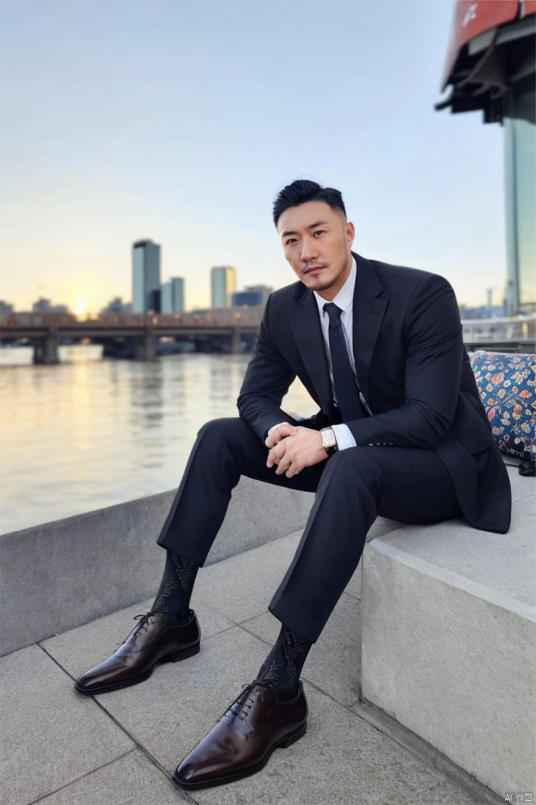 jzns,hzbz,1man,Asian,solo,male focus,exquisite facial features,handsome,charming,shirt,necktie, pants,sitting,black patterned socks,full body,looking at viewer,blurry,sunset,outdoors,city,river,cafe,Tyndall Effect,(masterpiece,realistic,best quality,highly detailed),