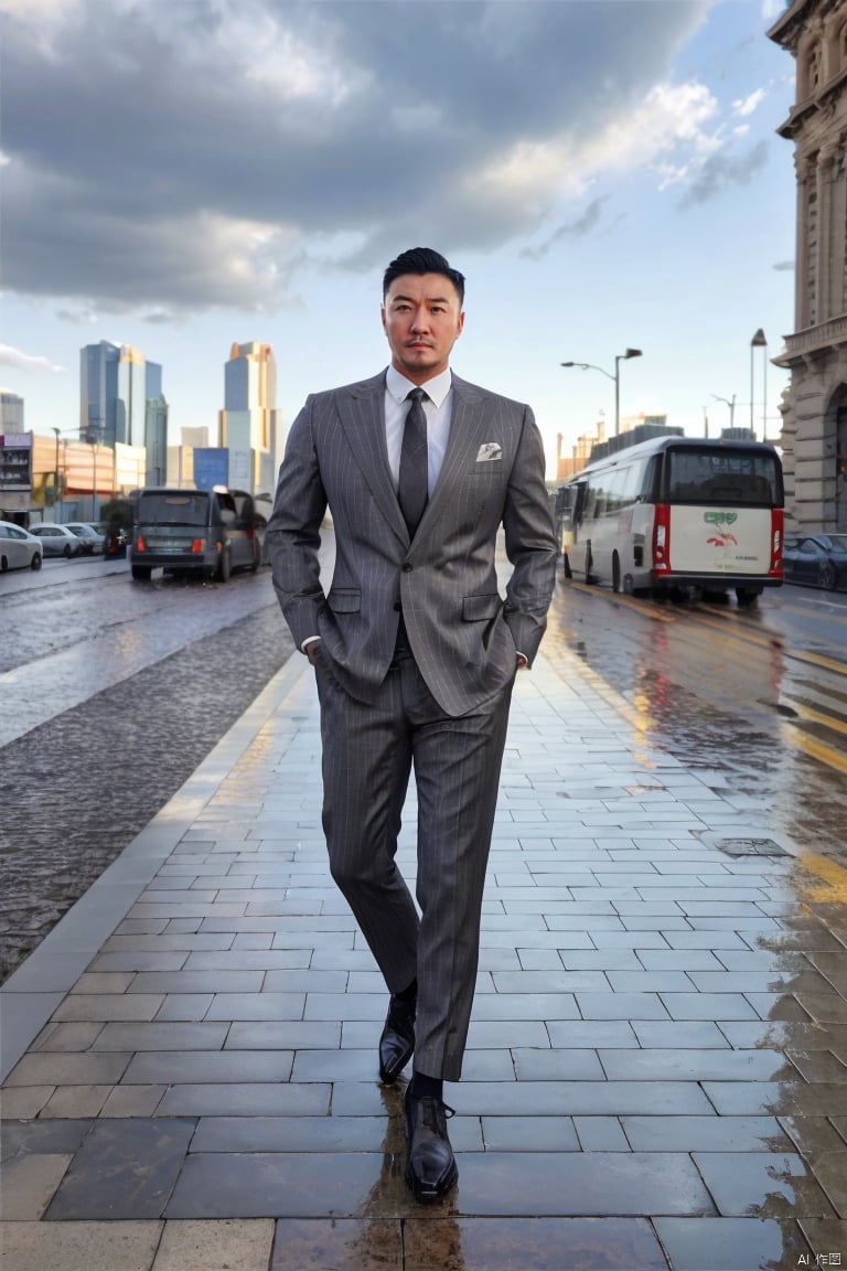 jzns,hzbz,1man,Asian,solo,male focus,exquisite facial features,handsome,charming,shirt,necktie,grey striped formal,grey striped pants,sitting,black patterned socks,full body,looking at viewer,blurry,rainy day,Cumulonimbus Cloud,(put hands in pockets),(outdoors, rain, sky, deserted streets, watered-down pavements, crossroad, fork in the road),tall buildings,bell towers,glass,reflections,streetlights,sunset,Tyndall Effect,(masterpiece,realistic,best quality,highly detailed),