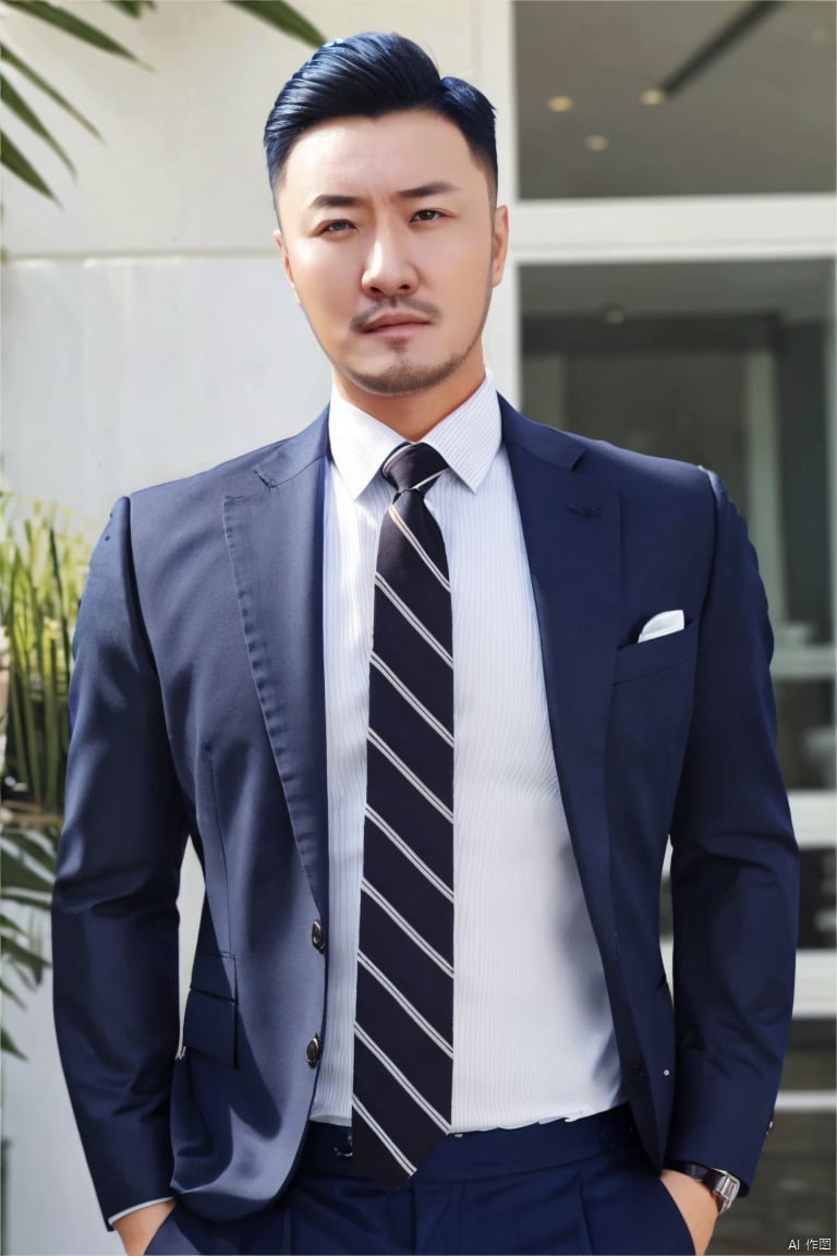 jzns,hzbz,1man,solo,asian,handsome,realistic, male focus, necktie, white shirt, suit,pants, looking at viewer, collared shirt, blue pants, realistic, short hair, facial hair, portrait, striped necktie,(masterpiece,realistic,best quality,highly detailed),