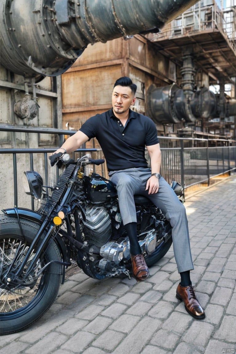 jzns,hzbz,1man,solo,asian,handsome,realistic,male focus, motorcycle, brown footwear, ground vehicle, black shirt, sitting, holding, short sleeves, facial hair, grey pants,black socks, outdoors,(masterpiece,realistic,best quality,highly detailed),