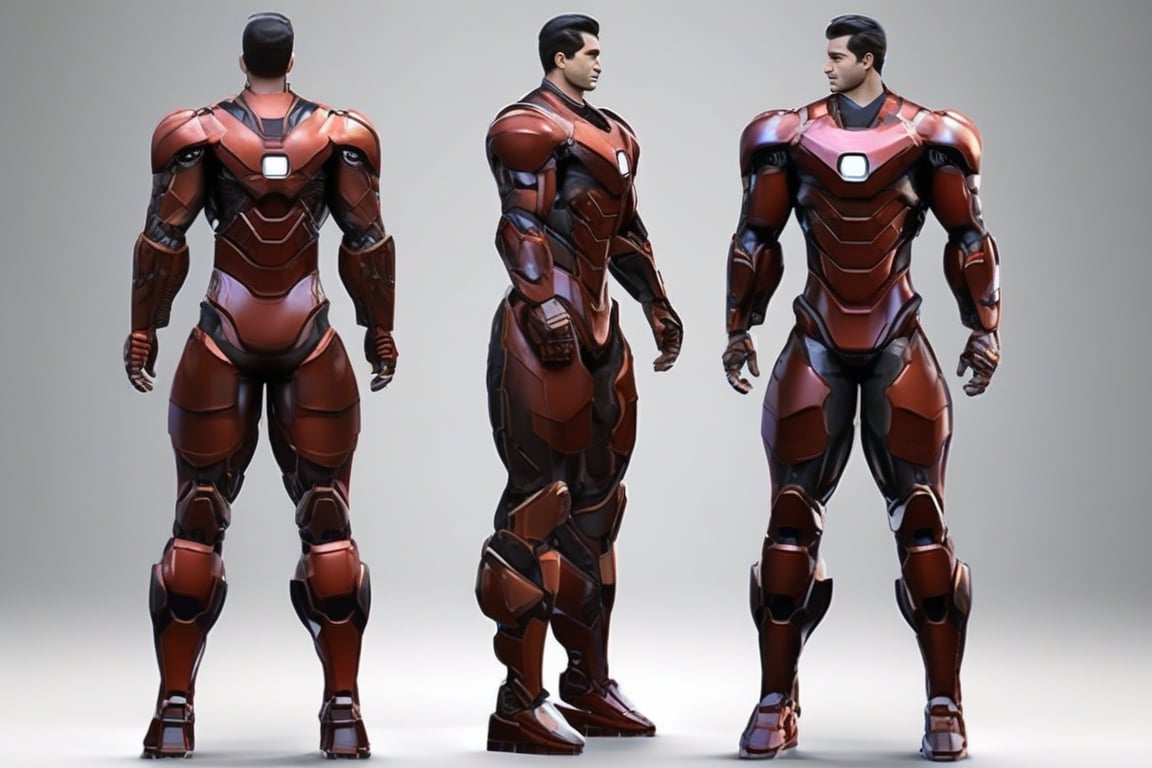 A character sheet of a masculine male with a muscular build, wearing a bodysuit and armor, sci-fi, 3D render, pixar style, view from front, side, behind