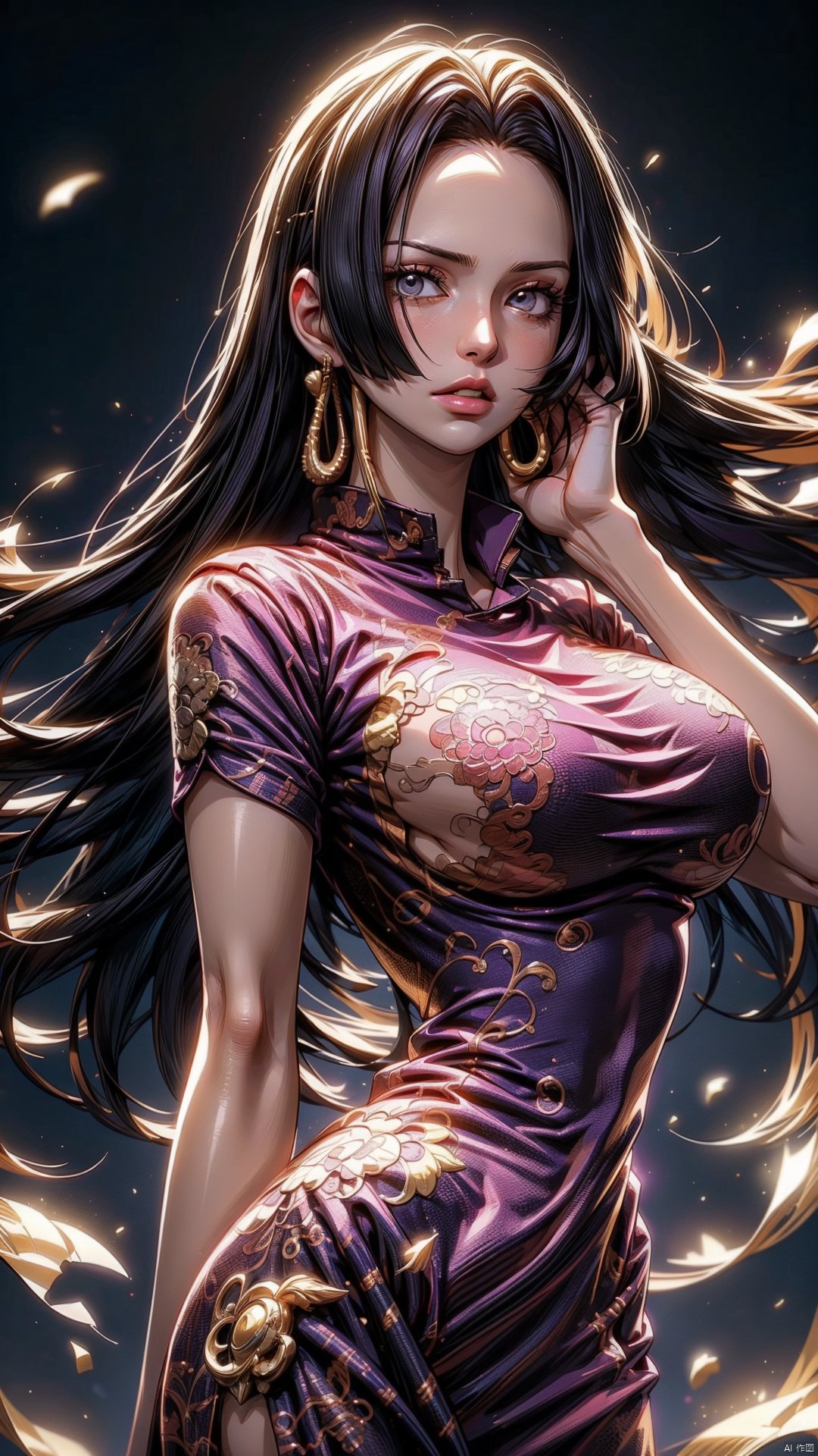 best quality,masterpiece,HDR,UHD,8K,1girl,solo,upper body,earrings,hime cut,long hair,simple_background,gradient_background,boa hancock,best quality,masterpiece,highly detailed,1girl,Detailed Photo,Sexy,golden ratio,adjusting hair,china dress,chinese clothes,dynamic pose,