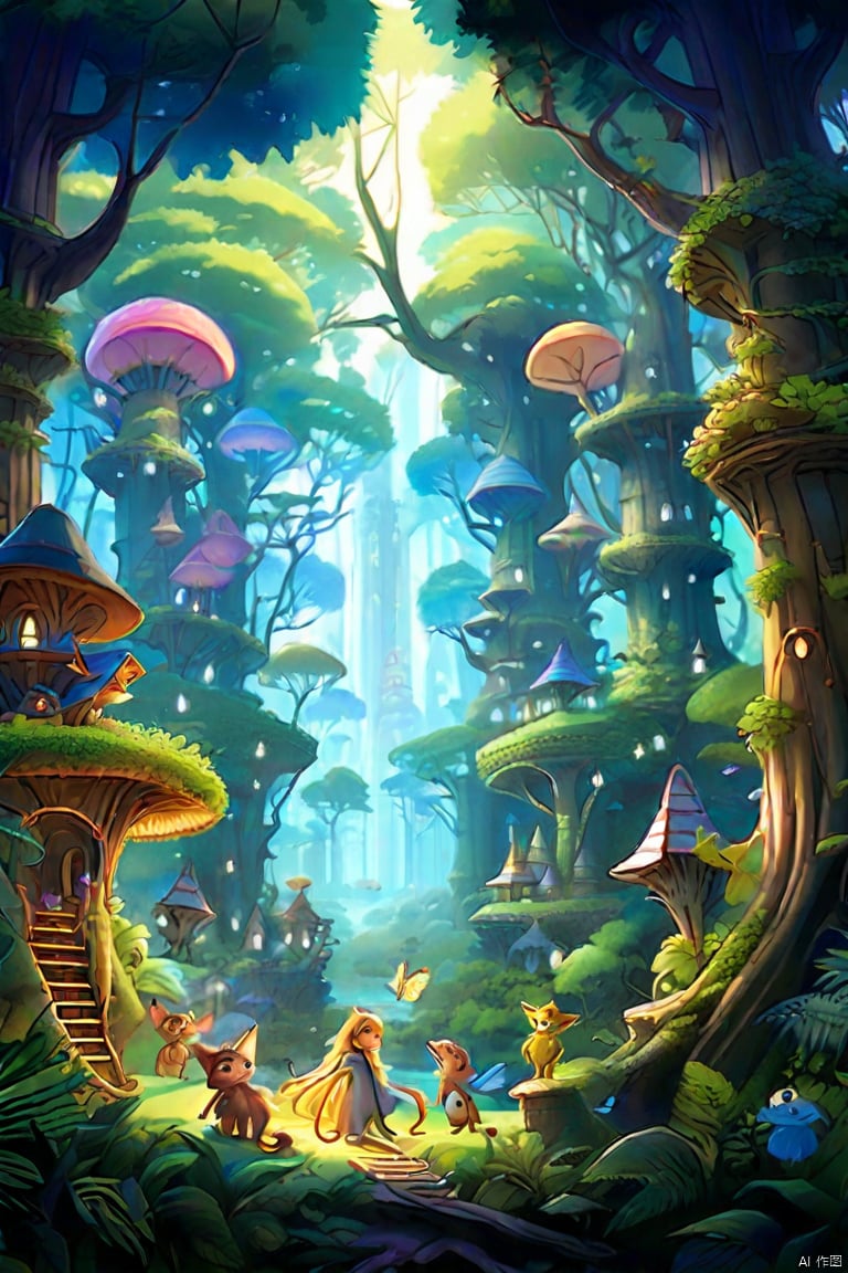 一幅富有想象力的插图,  描绘了一片充满各种神秘生物的奇幻森林。这片森林里的树木特别大,  它们的树冠覆盖了整个天空 by 该用户未命名 on Tensor.Art