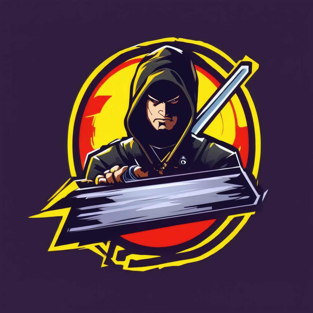 gaming logo design,  the logo for mortal kombat, with an image of a man wearing a hoodie and holding a sword