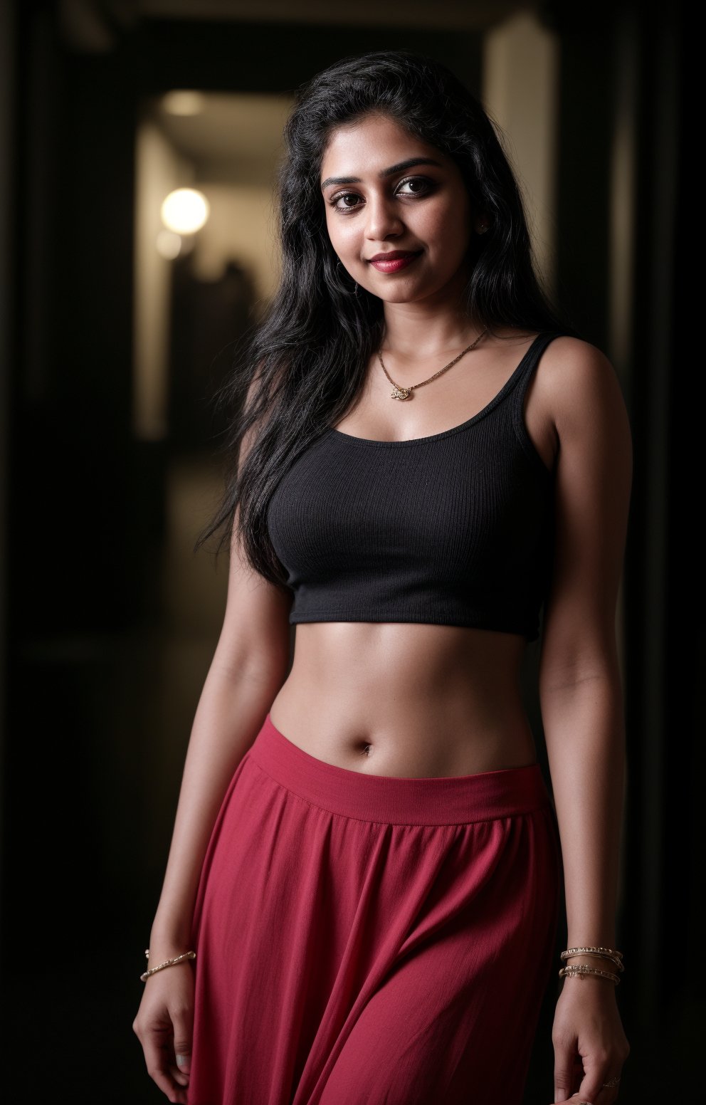 1girl, solo, long hair, looking at viewer, smile, black hair, dress, jewelry, standing, necklace, blurry, Red dress, bracelet, realistic, 25 years old, dark skin , dim light, drak atmosphere, low light , Midriff,Mallu