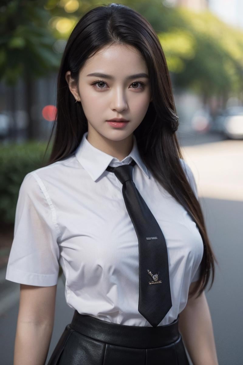 masterpiece, best quality, ultra-detailed, ultra high res, (photorealistic:1.4), (detailed skin textures), (detailed face:1.2), (portrait:1.3), bokeh, collared shirt, black necktie, black skirt, pencil skirt, 