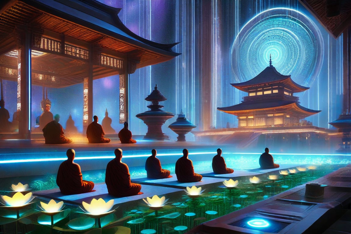 A futuristic scene depicting Buddhism in the year 3000, where monks meditate in a serene, high-tech temple. The temple is illuminated by soft, ambient lighting, with holographic lotus flowers floating in the air. The monks are dressed in advanced, yet traditional robes, sitting in a peaceful lotus position. The background features a blend of ancient Buddhist symbols and futuristic technology, creating a harmonious fusion of old and new. The composition is centered around the monks, with the temple architecture framing the shot, emphasizing the serene atmosphere.