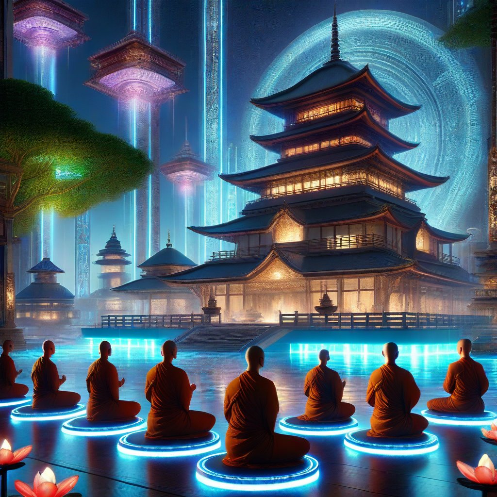 A futuristic scene depicting Buddhism in the year 3000, where monks meditate in a serene, high-tech temple. The temple is illuminated by soft, ambient lighting, with holographic lotus flowers floating in the air. The monks are dressed in advanced, yet traditional robes, sitting in a peaceful lotus position. The background features a blend of ancient Buddhist symbols and futuristic technology, creating a harmonious fusion of old and new. The composition is centered around the monks, with the temple architecture framing the shot, emphasizing the serene atmosphere.