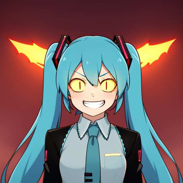 1girl, hatsune miku, blue hair, twintails,possessed,yellow sclera,slit pupils,glowing eyes, grin