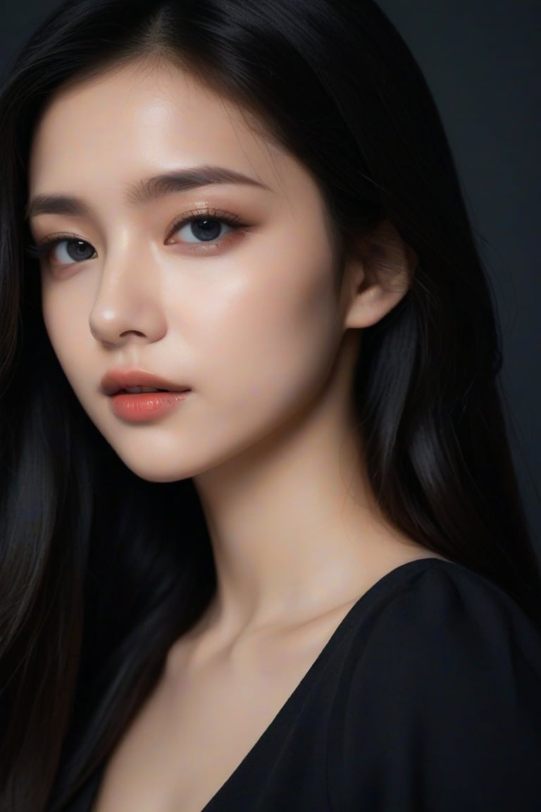 masterpiece, best quality, highly detailed, realistic, 1girl, solo, long flowing hair, looking at viewer, black hair, upper body, Black Background, soft lighting, serene expression, natural skin texture, subtle shadows, deep eyes, simple background, elegant composition, portrait style, high contrast, minimalistic design