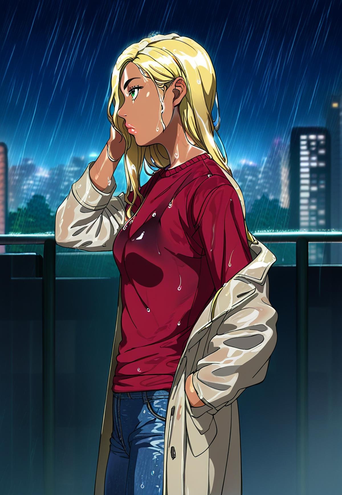 score_9_up, score_8_up, score_7_up, source_anime, dirty anime style, dirty, <lora:DASV2:1>, 1girl, blonde hair, long hair, straight hair, tanned, tanlines, green eyes, wide lips, medium breasts, bored, wet hair, wet clothes, <lora:Akira_Tachibana_-_After_rain_PDXL:0.5>, (trench coat, red sweater, denim pants), standing, under rain, looking up, hands in pockets, from side,  outdoors, city, at night, solo,best quality, high quality