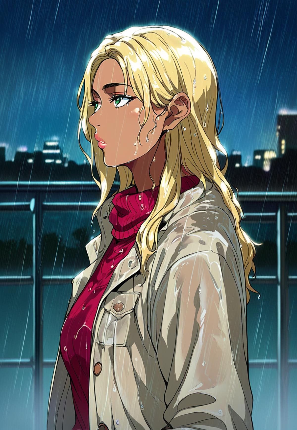 score_9_up, score_8_up, score_7_up, source_anime, dirty anime style, dirty, <lora:DASV2:1>, 1girl, blonde hair, long hair, straight hair, tanned, tanlines, green eyes, wide lips, medium breasts, bored, wet hair, wet clothes, <lora:Akira_Tachibana_-_After_rain_PDXL:0.5>, (trench coat, red sweater, denim pants), standing, under rain, looking up, hands in pockets, from side,  outdoors, city, at night, solo,best quality, high quality