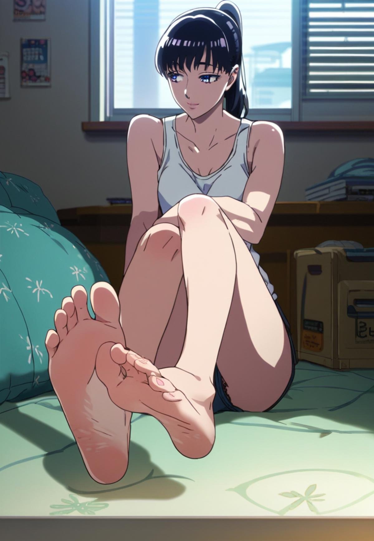 score_9_up, score_8_up, score_7_up, source_anime, <lora:Akira_Tachibana_-_After_rain_PDXL:1>, akira tachibana, ponytail, black hair, purple eyes, wide lips, medium breasts, tank top, panty, sitting, showing feet, soles, feet focus, looking away, soft smile, indoors, bedroom, best quality, high quality