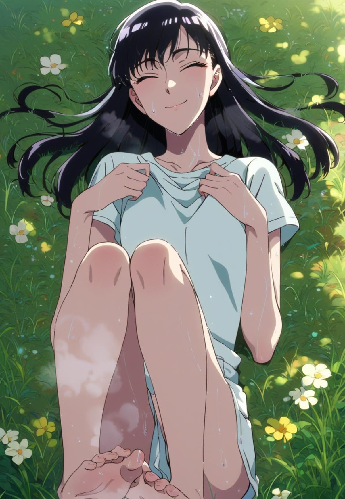 score_9_up, score_8_up, score_7_up, source_anime, <lora:Akira_Tachibana_-_After_rain_PDXL:1>, akira tachibana, long hair, black hair, purple eyes, sweaty, sweatdrop, medium breasts, white summer dress, bare feet, steaming, (lay, on back, closed eyes, soft smile, on grass, flovers), from above,solo, outdoors, best quality, high quality