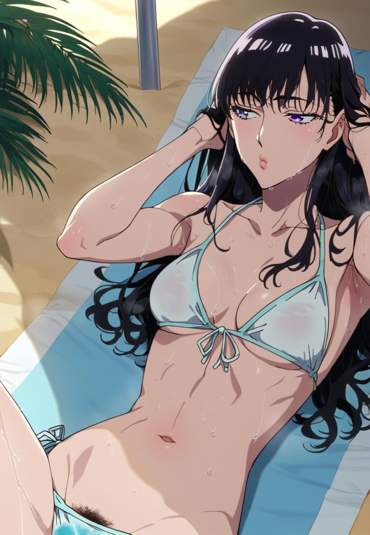 score_9_up, score_8_up, score_7_up, source_anime, <lora:Akira_Tachibana_-_After_rain_PDXL:1>, akira tachibana, long hair, black hair, purple eyes,  wide lips, medium breasts,white side-tie bikini, hairy, sweaty, sweatdrop, steaming body, wet, lay, on stomach, hands under head, legs spread, bored, front view, outdoors, beach, best quality, high quality