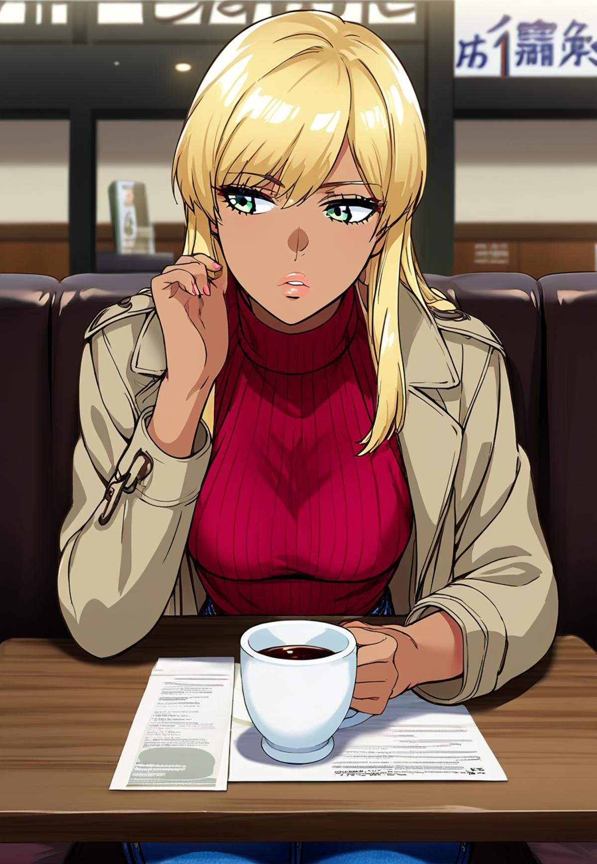 score_9_up, score_8_up, score_7_up, source_anime, dirty anime style, dirty, <lora:DASV2:1>, 1girl, blonde hair, long hair, straight hair, tanned, tanlines, green eyes, wide lips, medium breasts, <lora:Akira_Tachibana_-_After_rain_PDXL:0.5>, b(lack beret, trench coat, red sweater, denim pants), sitting, at table, looking down, cup of coffe on table, bored, indoors, cafe,best quality, high quality