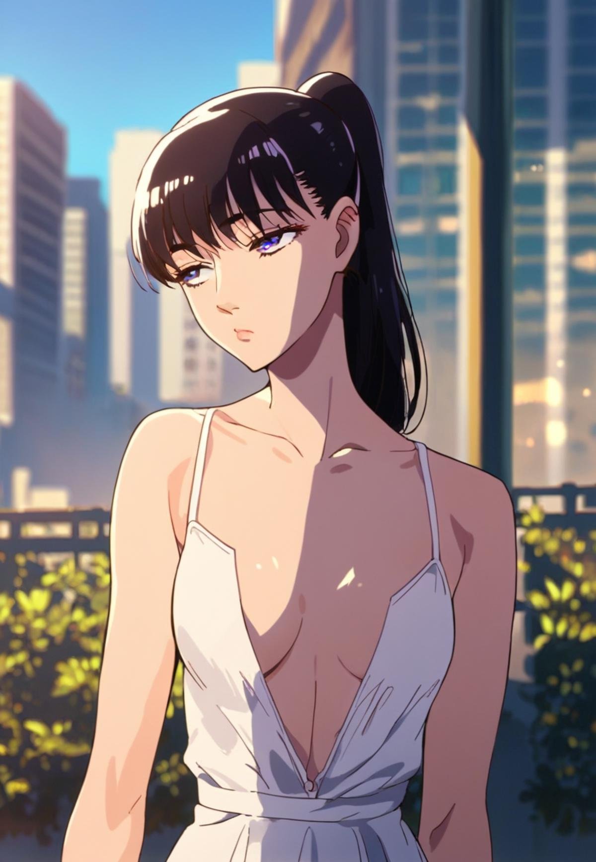 score_9_up, score_8_up, score_7_up, source_anime, <lora:Akira_Tachibana_-_After_rain_PDXL:1>, akira tachibana, ponytail, black hair, purple eyes, wide lips, medium breasts, white dress, open cleavage, standing, looking away, bored, portrait, outdoors, city, best quality, high quality