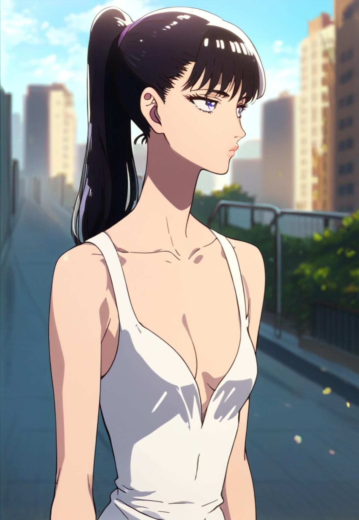 score_9_up, score_8_up, score_7_up, source_anime, <lora:Akira_Tachibana_-_After_rain_PDXL:1>, akira tachibana, ponytail, black hair, purple eyes, wide lips, medium breasts, white dress, open cleavage, standing, looking away, bored, portrait, outdoors, city, best quality, high quality