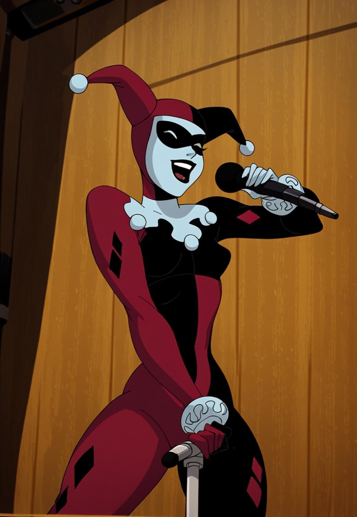 score_9_up, score_8_up, score_7_up, <lora:Harley_quinn_and_Poison_ivy_PDXL:1>, harley quinn, harley quinn classic costume with face paint, singing,singing and dancing with microphone in hand, indoors, best quality, high quality