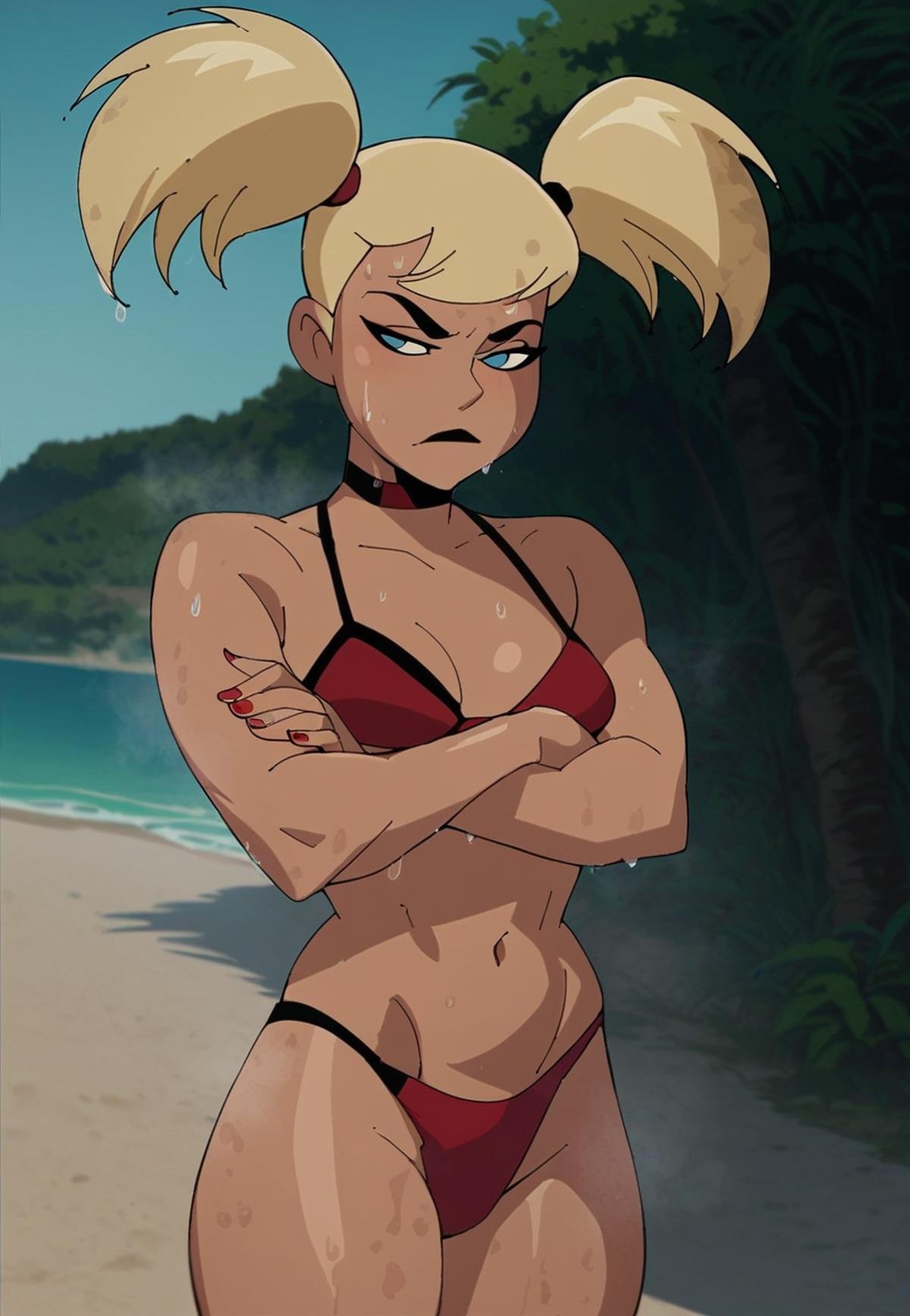 score_9_up, score_8_up, score_7_up, <lora:Harley_quinn_and_Poison_ivy_PDXL:1>, harley quinn, blonde hair, twintails,medium breasts,  red bikini, sweat, sweatdrop, wet, steaming body, standing, crossed hands, bored, front view, solo, outdoors, beach, high quality