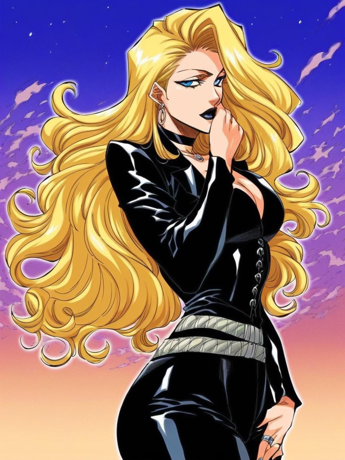 score_9, score_8_up, score_7_up, source_manga, colored, Tite Kubo manga style, Tite Kubo art style, <lora:Tite_Kubo_manga_style_Pony:1>, 1girl, blue eyes,  long hair, blonde hair, black lipstick, big lips, dark makeup, leather black coat, black corset, five fingers, good fingers, black leather pants, belts on waist, choker, earrings,jewellery, rings, stylish, closed mouth, standing, fingers on mouth, portrait, ((background city, at night)), soft light, shadowing, best quality, masterpiece