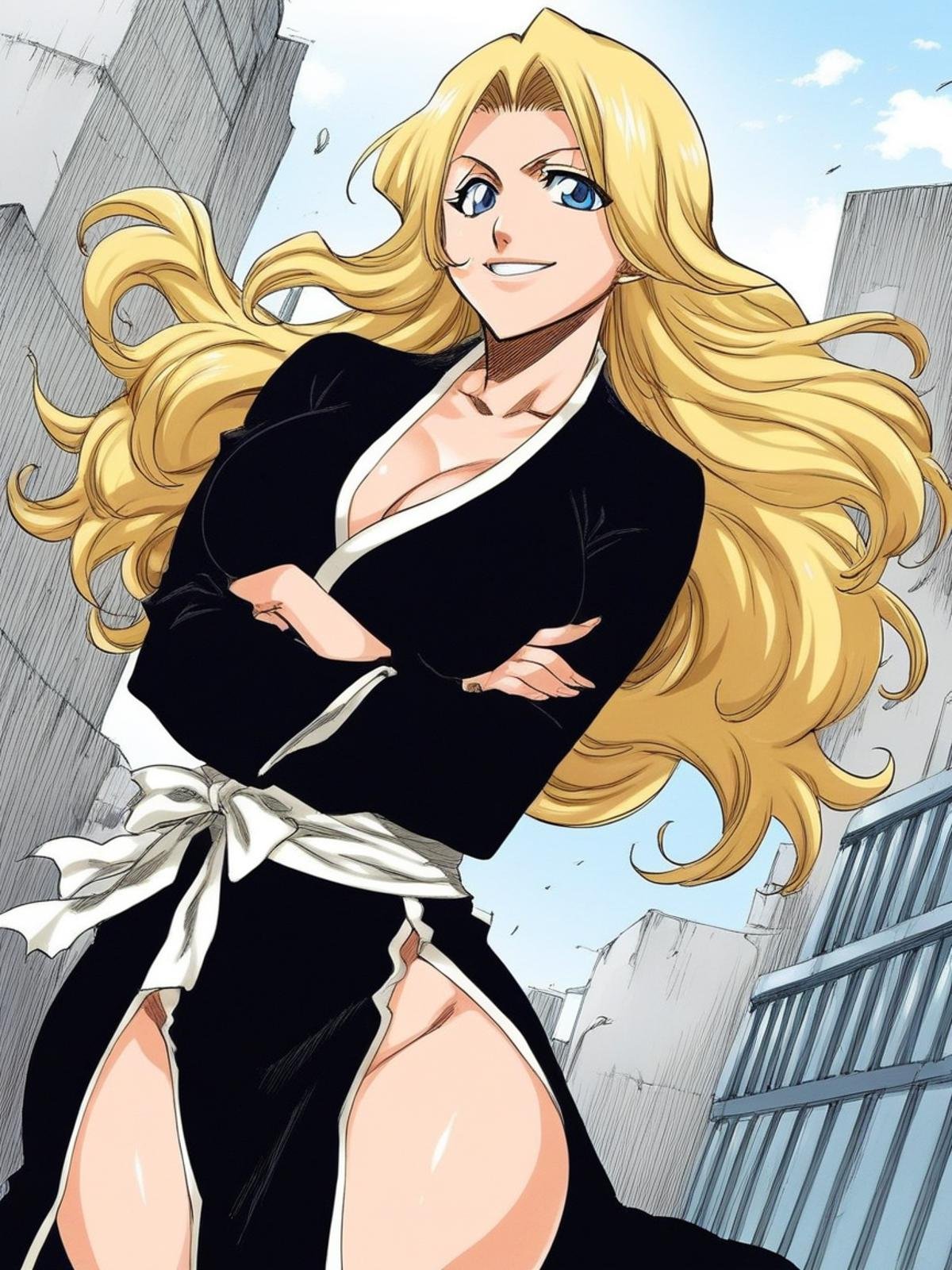 score_9, score_8_up, score_7_up, source_manga, colored, Tite Kubo manga style, Tite Kubo art style, <lora:Tite_Kubo_manga_style_Pony:1>, 1girl, blue eyes, blonde hair, long hair, big breasts, wide hips,  thick thighs,  black stylish kimono, standing, smile, crossed arms, front view, background city, best quality, masterpiece