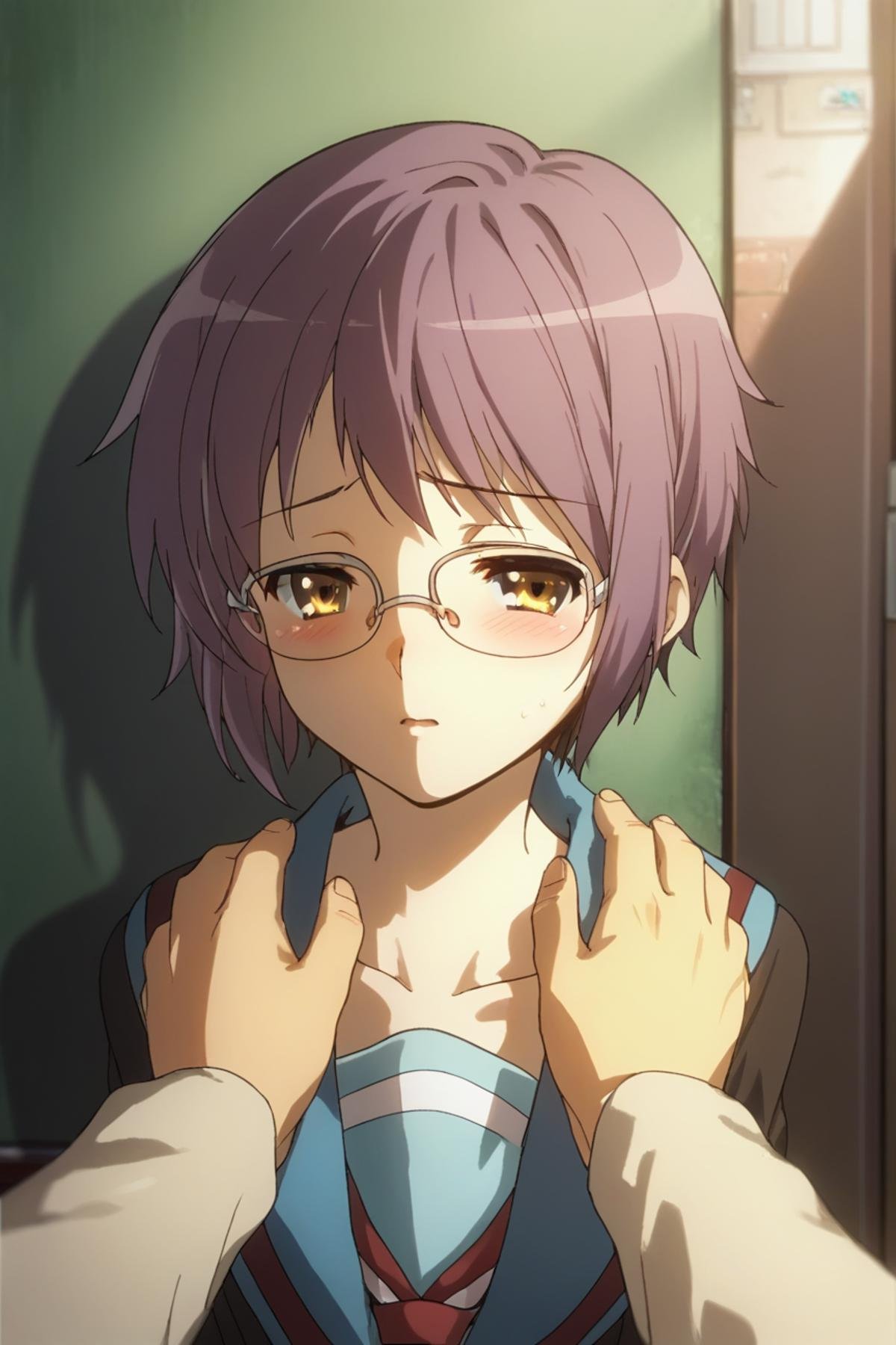 score_9, score_8_up, score_7_up, source_anime, Yuki Nagato, short hair, purple hair, yellow eyes, glasses, winter school uniform, <lora:Yuki_Nagato_SDXL:1>, at wall, shy, blush, (looking way), pressed, pov hands, man hands on girl shoulders, portrait, face focus, pov, front view, background bedroom, messy bedroom, masterpiece, 4k, best quality