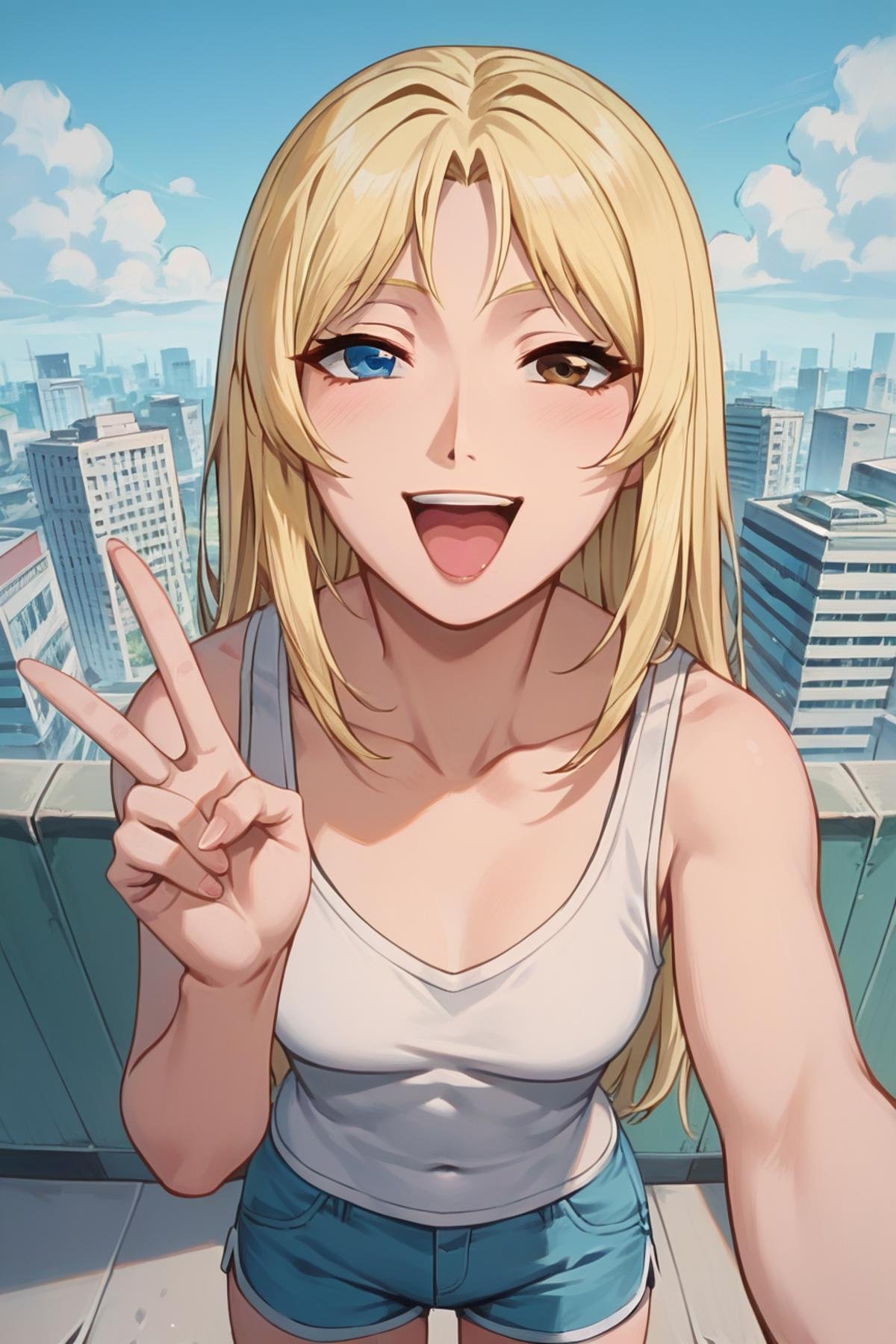 score_9, score_8_up, score_7_up, source_anime, Urumi Kanzaki, heterochromia, blue eye, brown eye, blonde hair, long, hair, happy, tank top, shorts, v sign, <lora:Urumi_Kanzaki_SDXL:1>, portrait, pov, from above, background city, masterpiece, 4k, best quality