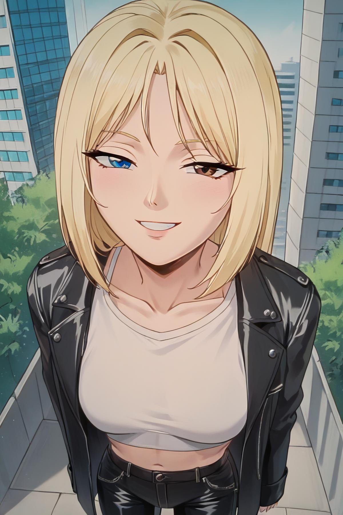 score_9, score_8_up, score_7_up, source_anime, Urumi Kanzaki, heterochromia, blue eye, brown eye, blonde hair, long, hair, (black leather coat, white crop top, leather pants, black bra under top), standing, smug,<lora:smug face meme(SDXL):1>, portrait, face focus, close up, pov, from above, <lora:Urumi_Kanzaki_SDXL:1>, portrait, pov, from above, background city, masterpiece, 4k, best quality