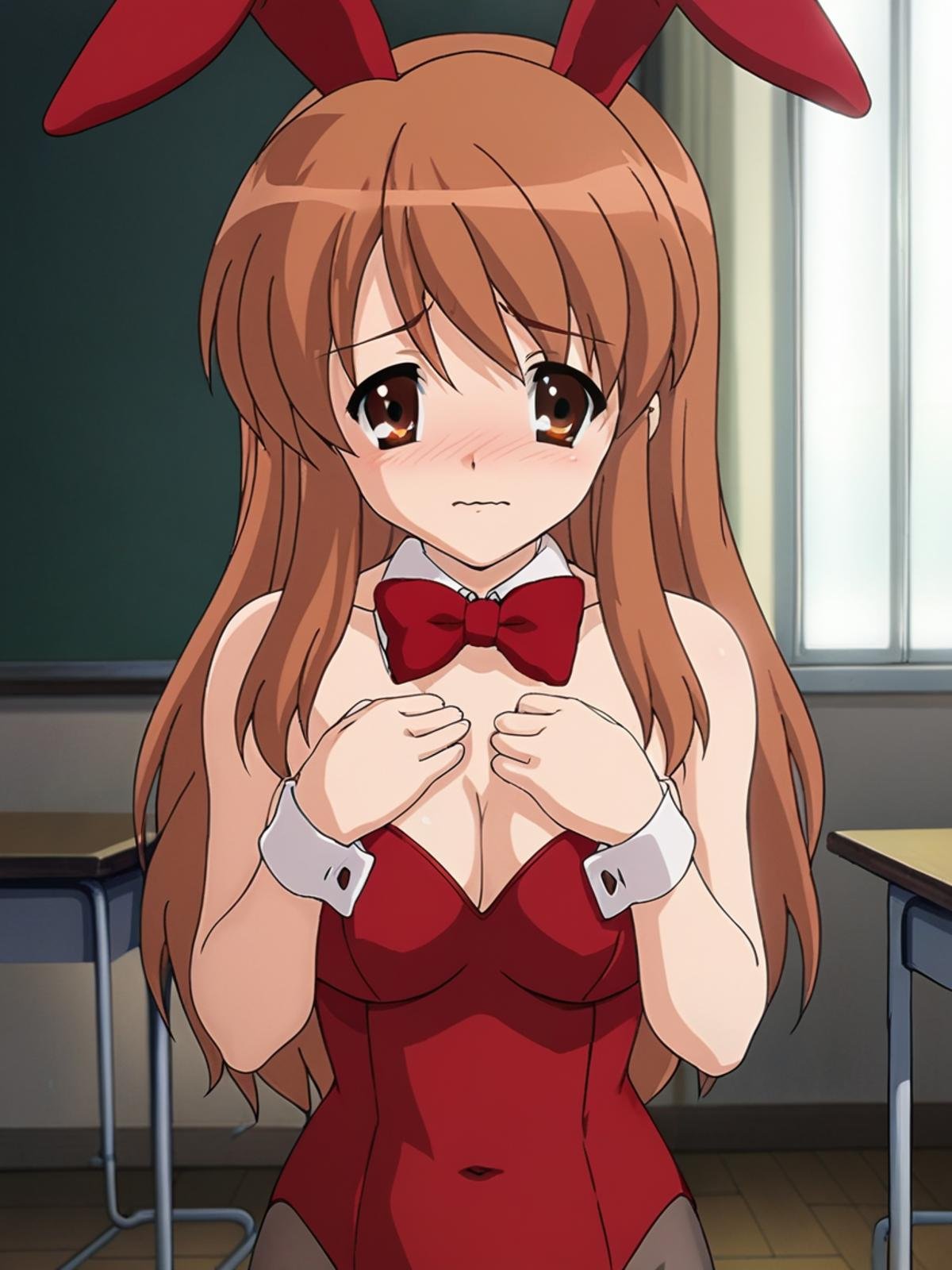 score_9, score_8_up, score_7_up, source_anime, school girl, Mikuru, brown eyes, ginger hair color, long hair, big breasts, bunny outfit, stocking, <lora:Mikuru_Asahina_SDXL:1>, standing, embarrassed, blush like tomato, hands on own chest, wavy mouth, shy, looking at viewer, background classroom, front view, portrait, close up,soft light, shadows, masterpiece, 4k, best quality