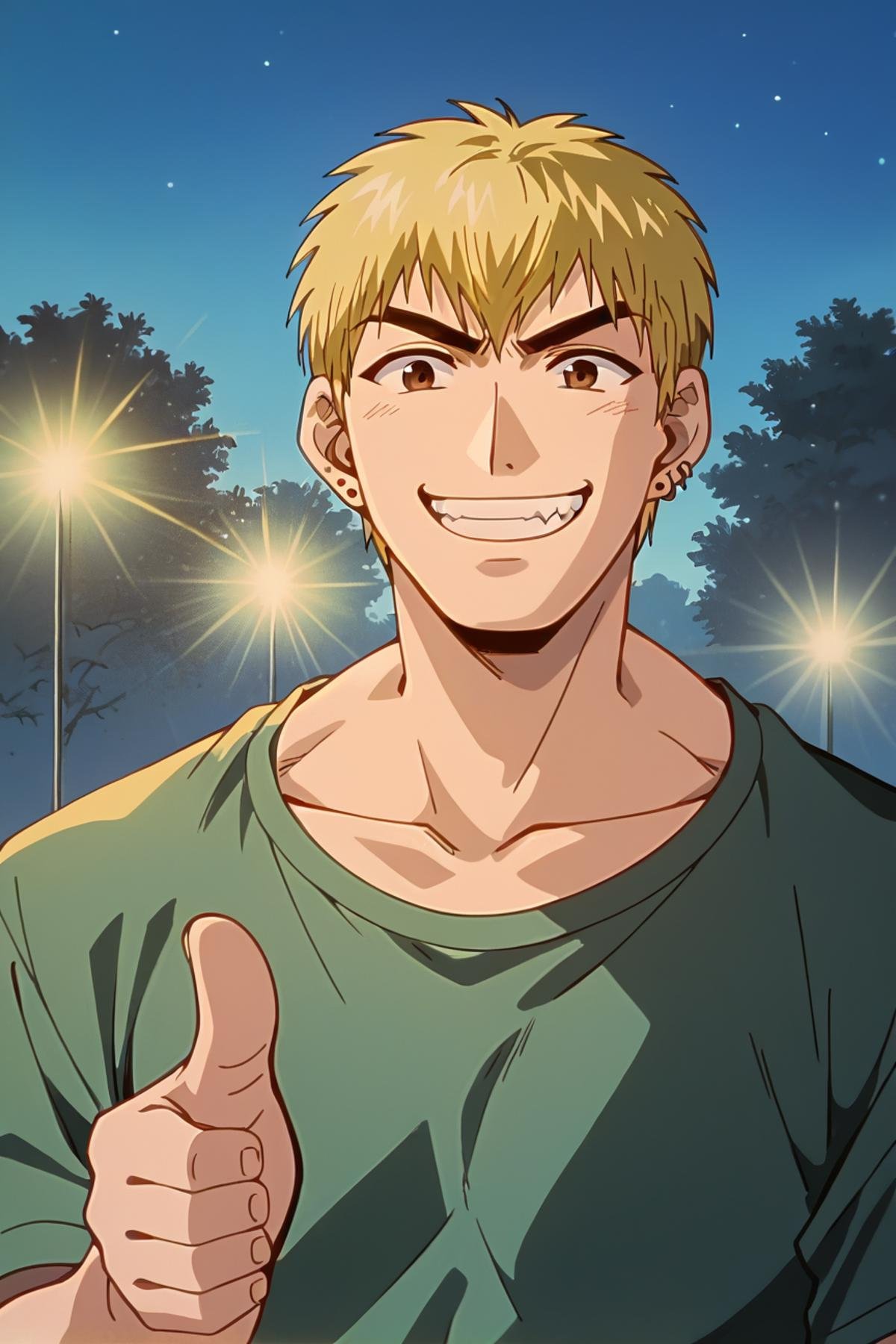 score_9, score_8_up, score_7_up, source_anime BREAK Ekiti Onizuka, muscular, blonde hair, brown eyes, short hair, ear piercing,  t-shir, cargo pants, <lora:Ekiti_OnizukaSDXL:1>, wide grin, meme face, playful, thumbs up, portrait, close up, background park, at night, masterpiece, 4k, best quality