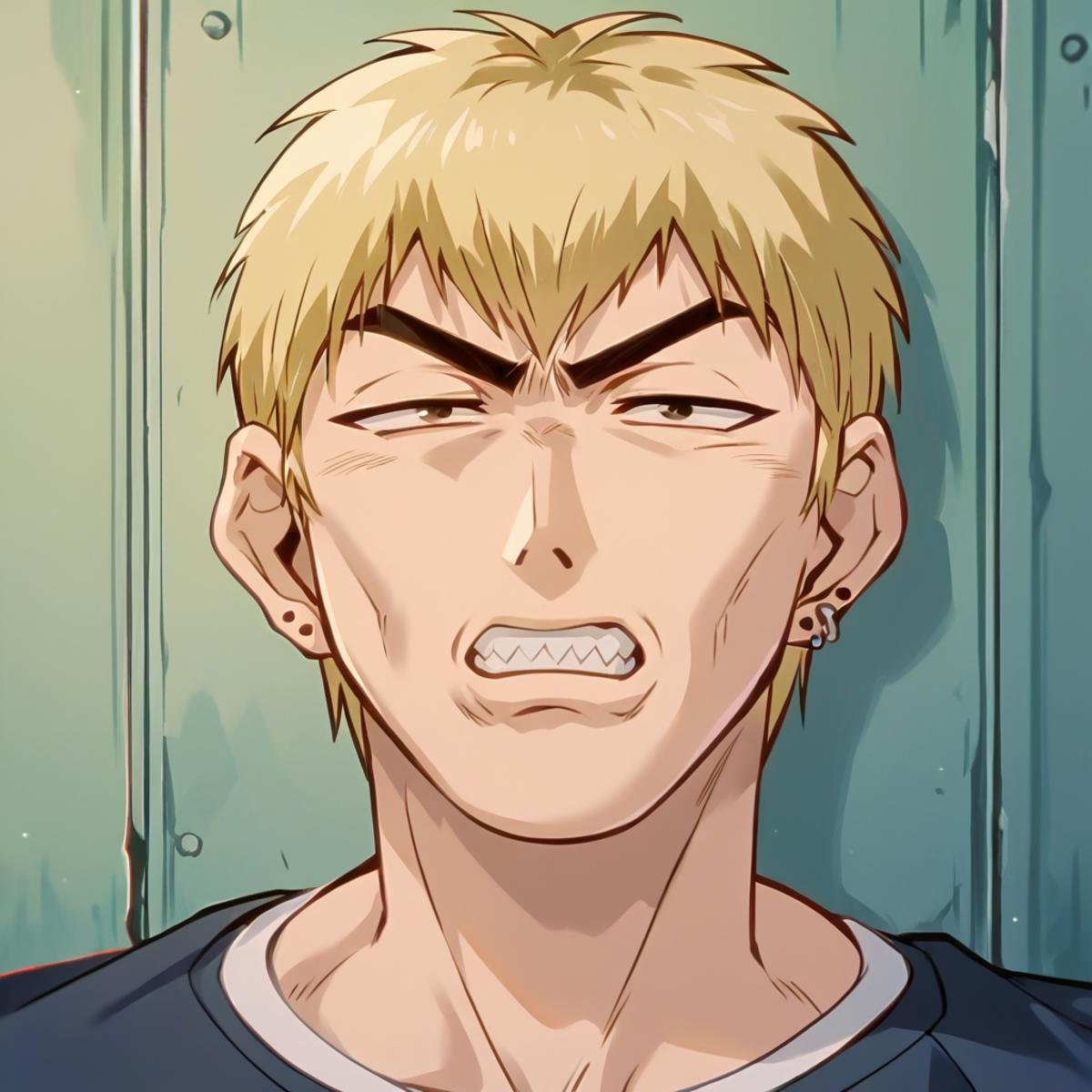 score_9, score_8_up, score_7_up, source_anime BREAK Ekiti Onizuka, muscular, blonde hair, brown eyes, short hair, ear piercing,  t-shir, cargo pants, <lora:Ekiti_OnizukaSDXL:1>, very annoyed, meme face, eyebrow raised, cheek bulge, teeth pressed, portrait,  masterpiece, 4k, best quality