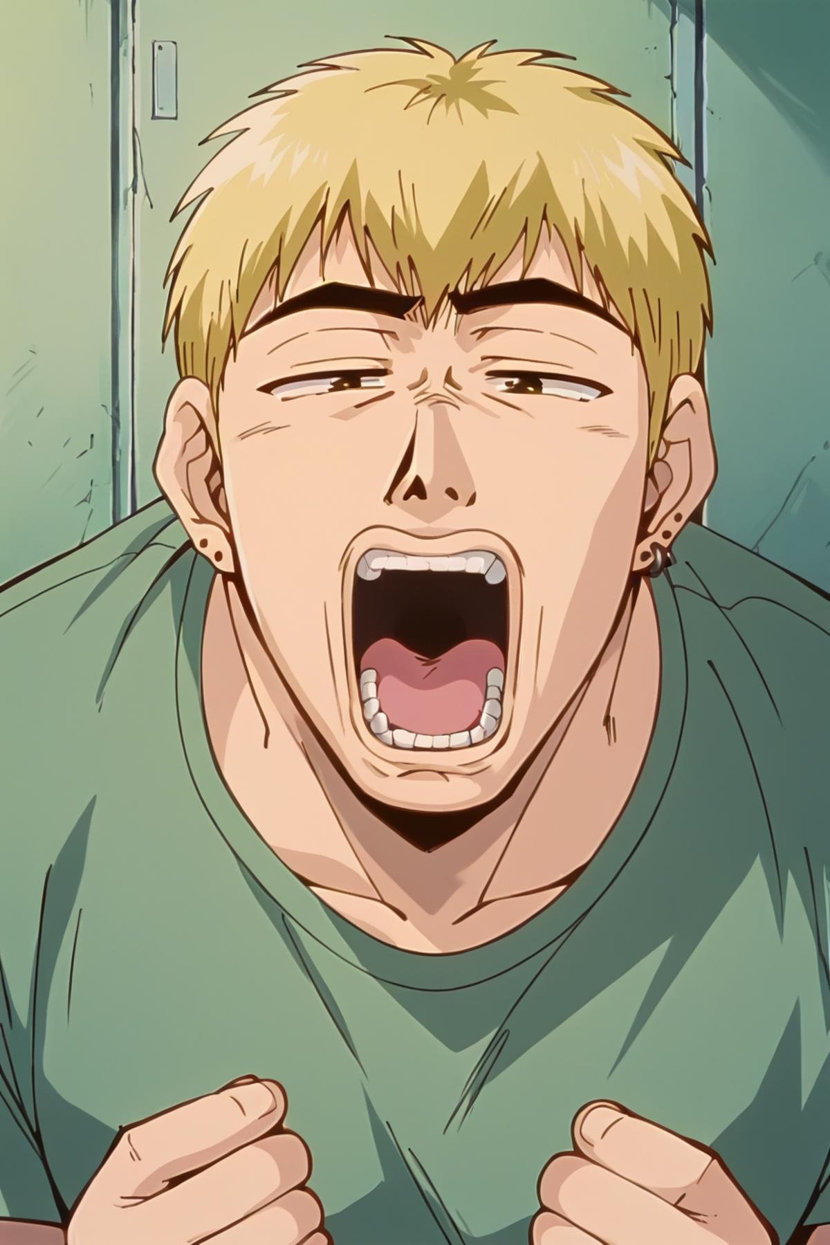 score_9, score_8_up, score_7_up, source_anime BREAK Ekiti Onizuka, muscular, blonde hair, brown eyes, short hair, ear piercing,  t-shir, cargo pants, <lora:Ekiti_OnizukaSDXL:1>,((meme, meme face)), eyebrows down,  tired, mouth wide open, nose pinch, yawning, hunched over,  masterpiece, 4k, best quality