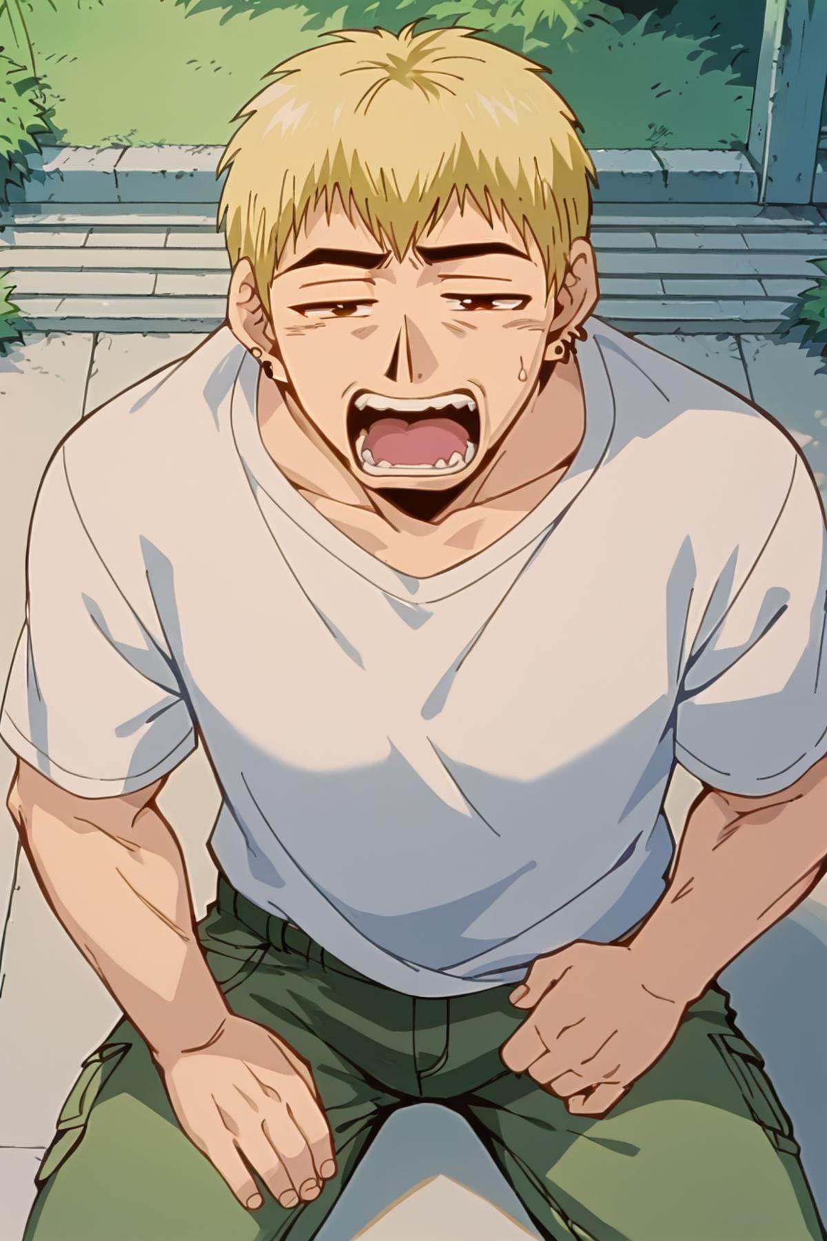 score_9, score_8_up, score_7_up, source_anime BREAK Ekiti Onizuka, muscular, blonde hair, brown eyes, short hair, ear piercing,  t-shir, cargo pants, <lora:Ekiti_OnizukaSDXL:1>,((meme, meme face)), eyebrows down,  tired, mouth wide open, yawning, hunched over,  masterpiece, 4k, best quality