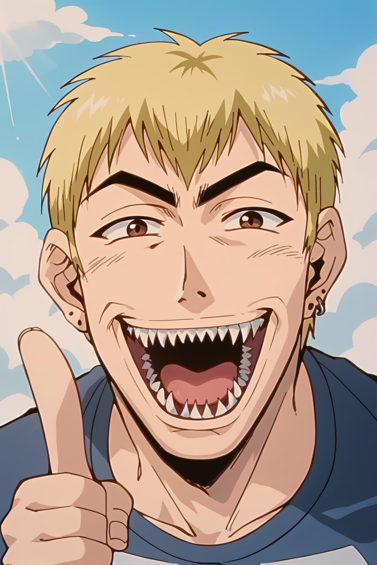 score_9, score_8_up, score_7_up, source_anime BREAK Ekiti Onizuka, muscular, blonde hair, brown eyes, short hair, ear piercing,  t-shir, cargo pants, <lora:Ekiti_OnizukaSDXL:1>,meme, meme face, wide face,  laughing, meme very big and sharp teeth, mouth open, cheek up, pointing at viewer, portrait,  masterpiece, 4k, best quality