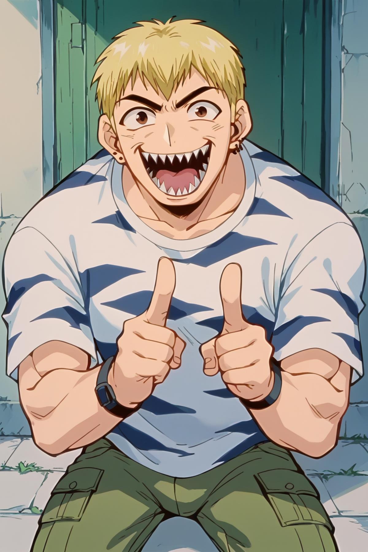 score_9, score_8_up, score_7_up, source_anime BREAK Ekiti Onizuka, muscular, blonde hair, brown eyes, short hair, ear piercing,  t-shir, cargo pants, <lora:Ekiti_OnizukaSDXL:1>,meme, meme face, wide face,  laughing, meme very big and sharp teeth, mouth open, cheek up, pointing at viewer,  masterpiece, 4k, best quality