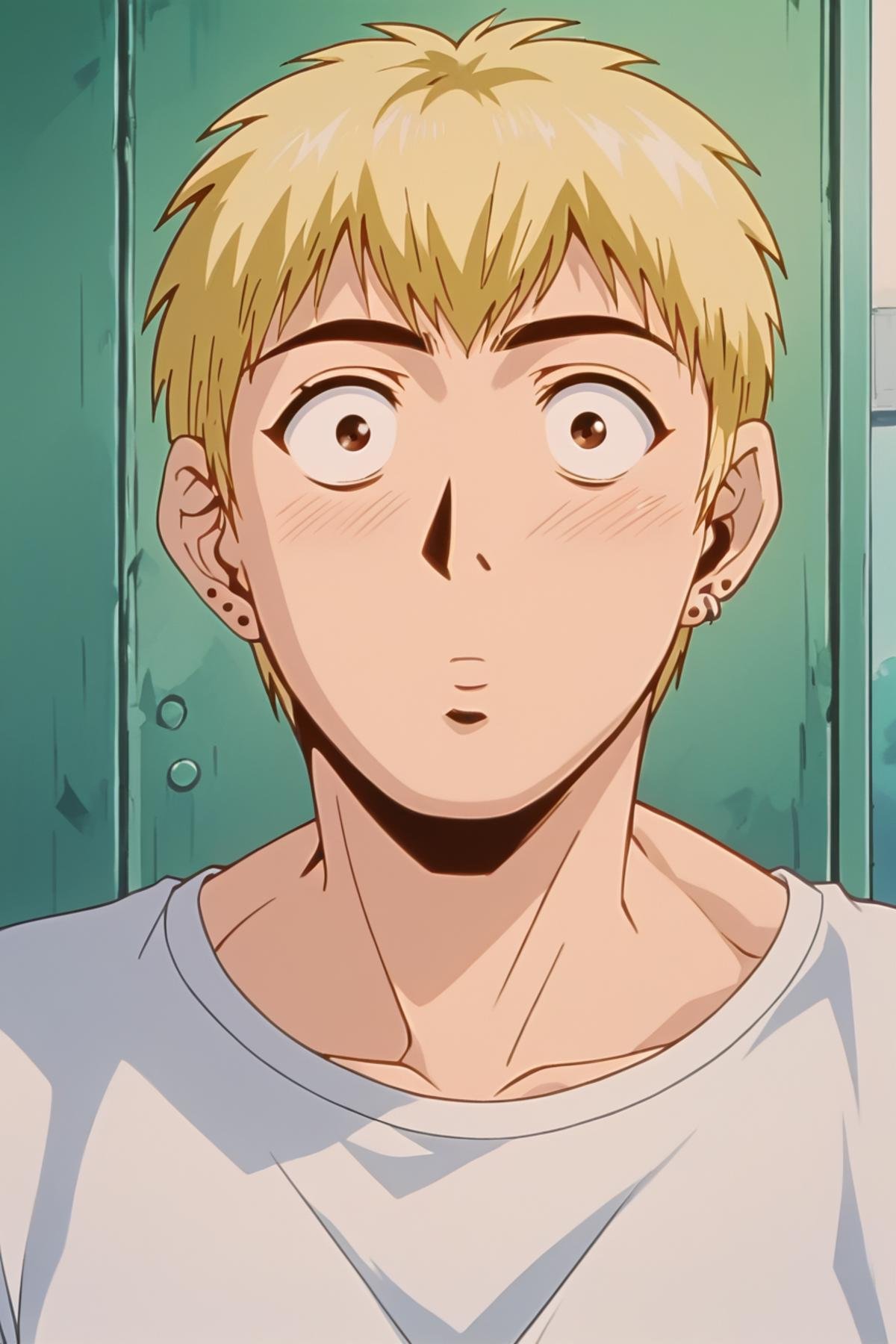 score_9, score_8_up, score_7_up, source_anime BREAK Ekiti Onizuka, muscular, blonde hair, brown eyes, short hair, ear piercing,  t-shir, cargo pants, <lora:Ekiti_OnizukaSDXL:1>, wide eyed, meme face, horny, holding girl panty, portrait, close up, background bedroom, masterpiece, 4k, best quality